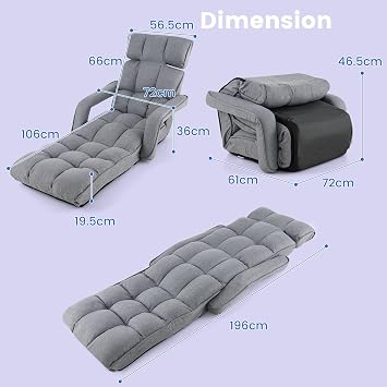 LIFEZEAL Folding Floor Chair Recliner with Armrest & Backrest 6 Positions Adjustable Floor Chair Recliner Chair for Entertainment & Relaxation Gray