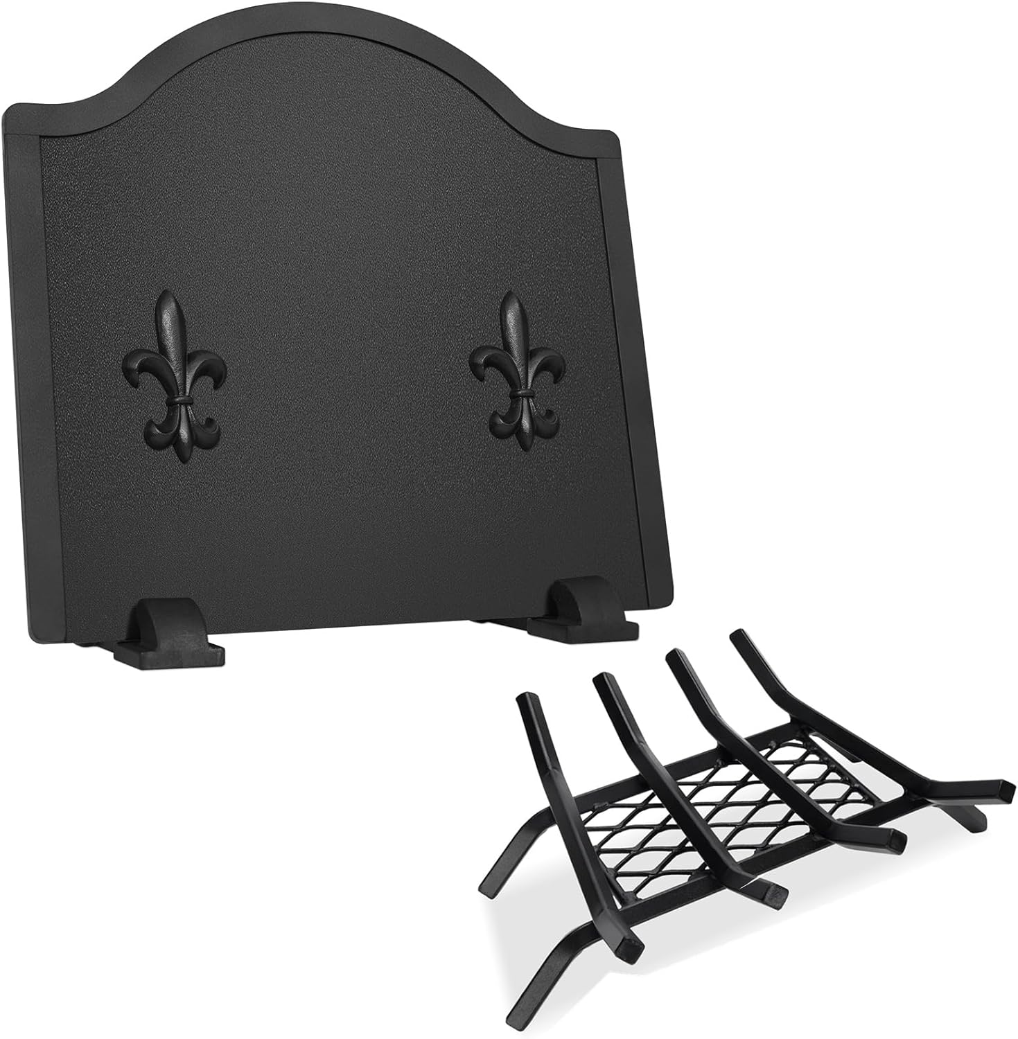 Bundle of 15.5" Heavy Duty Cast Iron Fireplace Grate with Ember Retaine, and 16.5" Firebacks for Fireplace, Steel Fireplace Back Plates with Feet