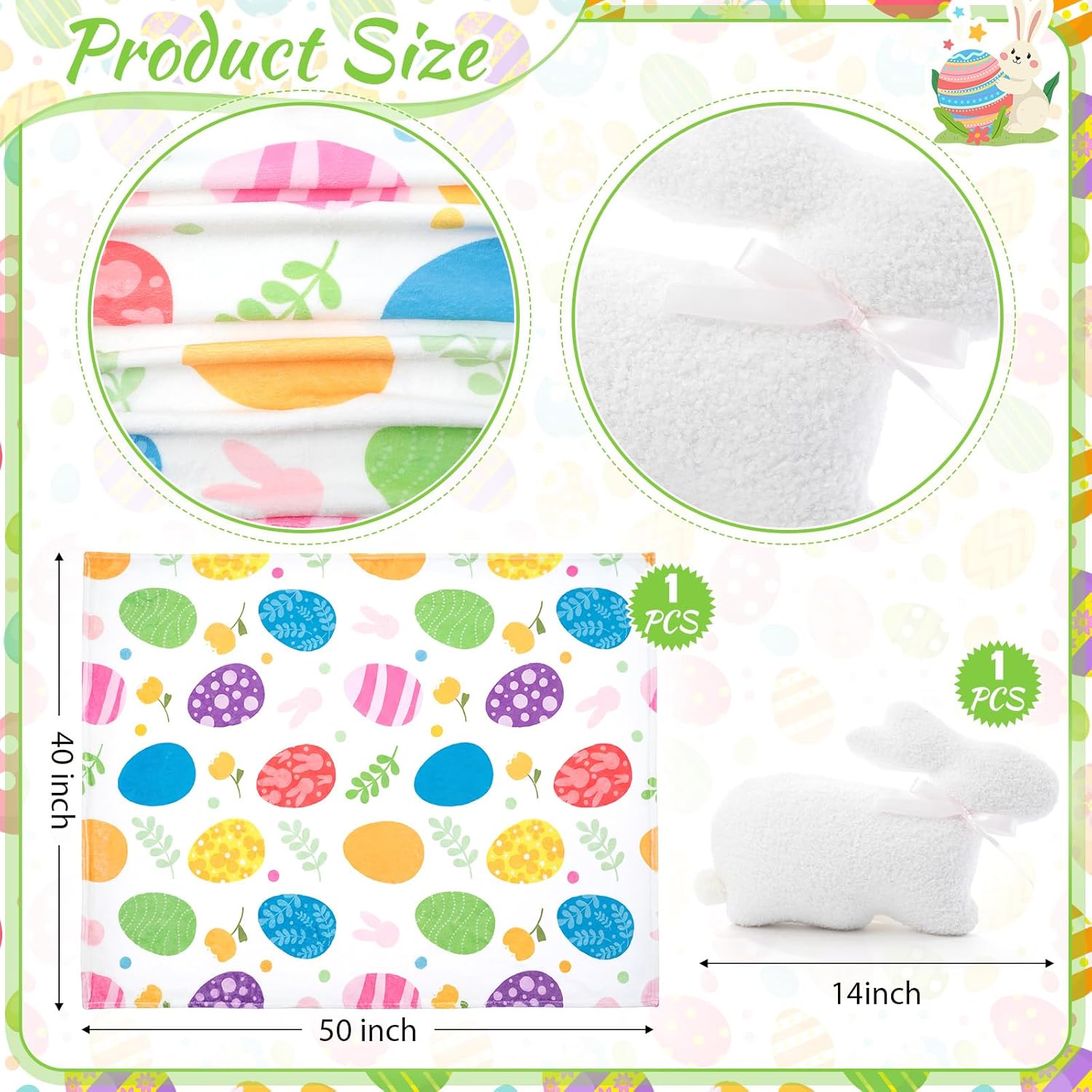 SmoothNovelty 2 Pcs Easter Plush Throw Blanket and Pillow Set, 40 x 50 Inch Soft Easter Eggs Flannel Blanket Fluffy Bunny Stuffed Pillow Cushion Gifts for Boys Girls Teens Bedroom Decor