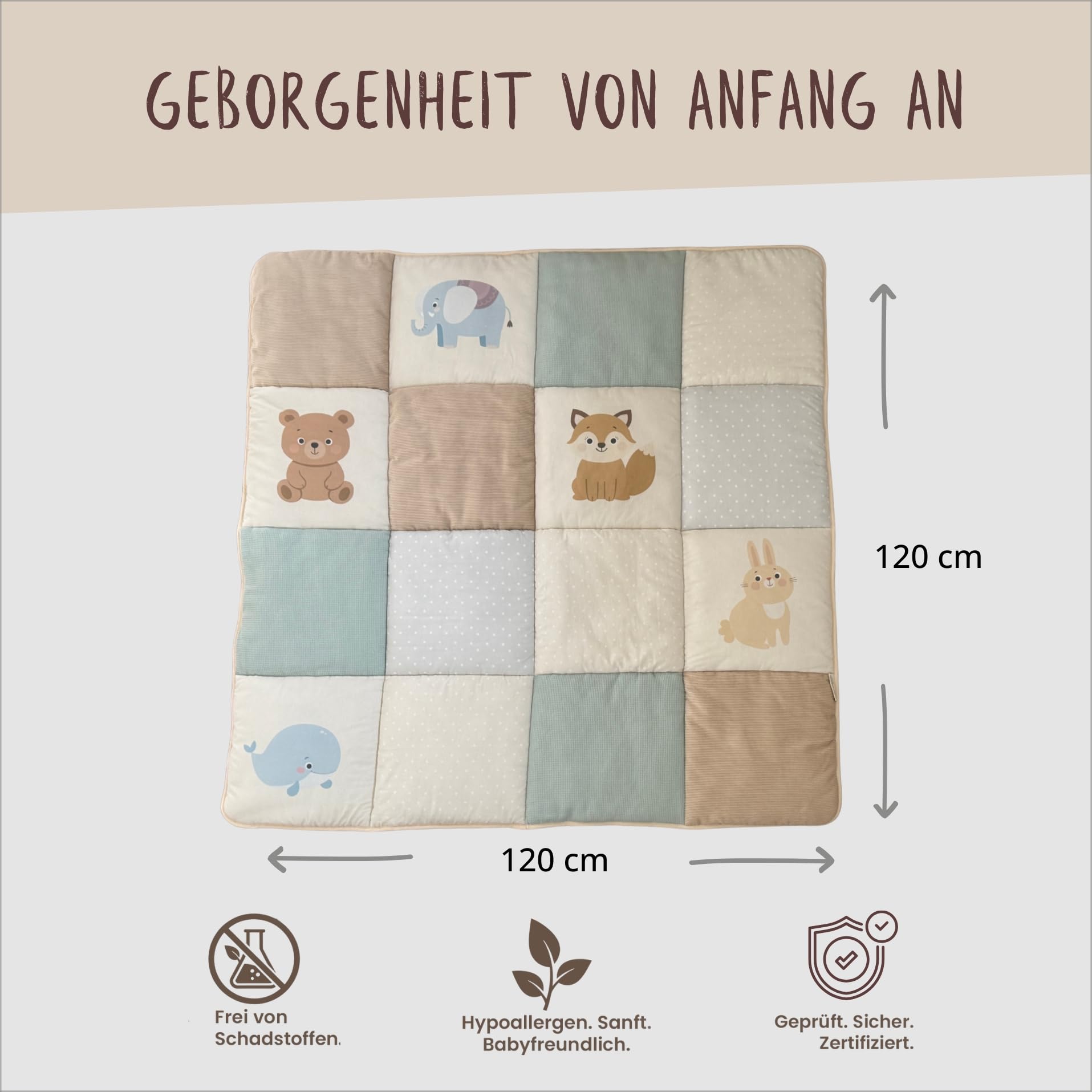 Krabbeldecke für Baby 120x120cm, 100% Baumwolle Oeko-TEX, weich gepolstert Antirutsch Krabbelmatte, Spielteppich und Spielmatte, ideal als Spieldecke und Babydecke