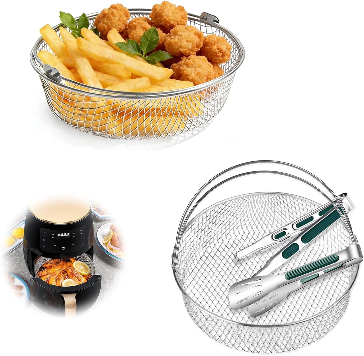 Air Fryer Basket for Instant Pot 6QT 8QT, 8 Inch Mesh Basket with Handles, 304 Stainless Steel Air Fryer Replacement Accessory for Crispy Cooking, Baking, Frying (Round, 2 PACK)