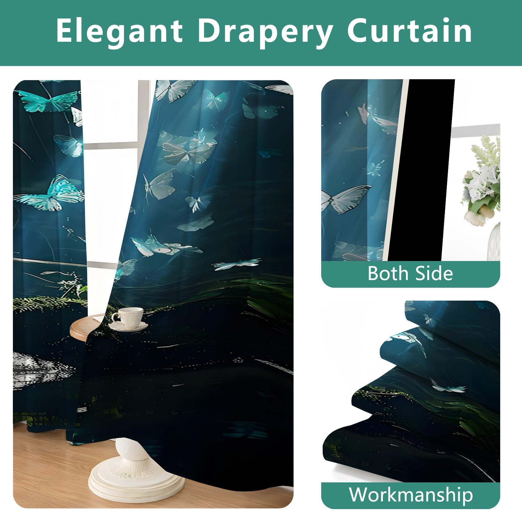 VerdunkelungsVorhänge, Blauer Schmetterling, Blickdichte Vorhänge mit Ösen, Grüne Pflanzen Thermovorhang, Vorhänge Blackout Curtain Kinder Wohnzimmer Schlafzimmer H260 x B140 cm (2er Pack) SA638