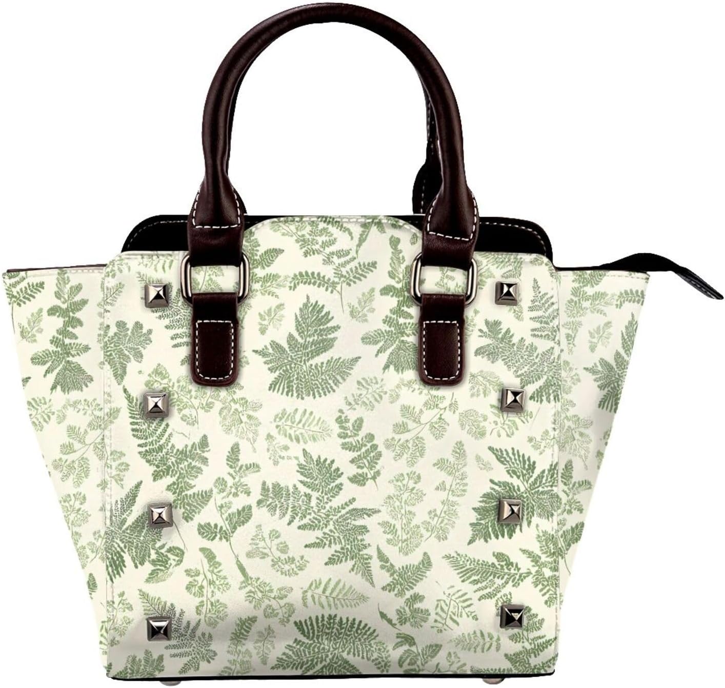 Leather Shoulder Bag for Women, Ferns Studded Purse Green Leaves Crossbody Handbags Punk Hobo Bag with Adjustable Strap
