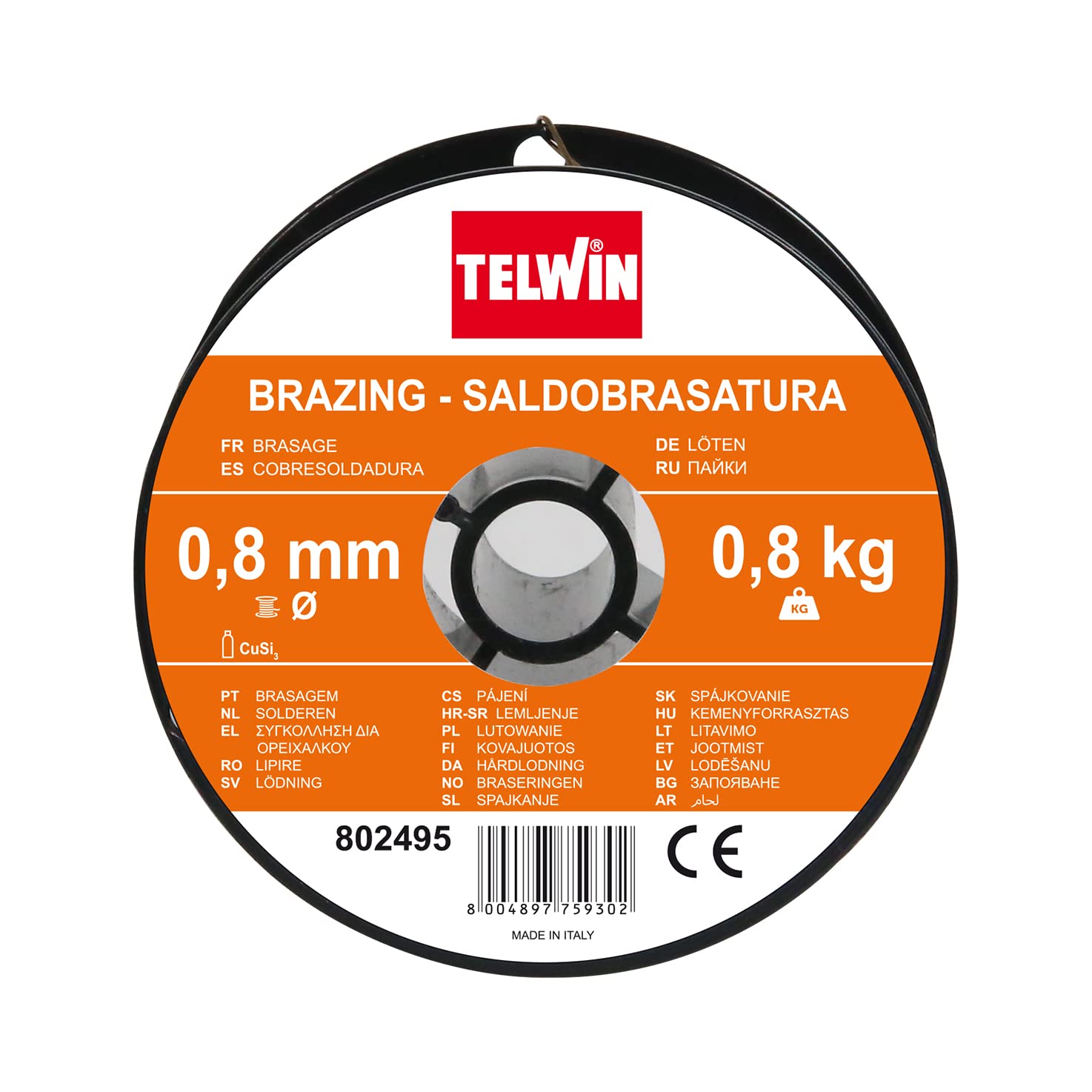 Telwin 802495 Bobina Filo Brasatura Cu/Si3 D. 0.8 mm 0.8 kg per Saldatura, Oro