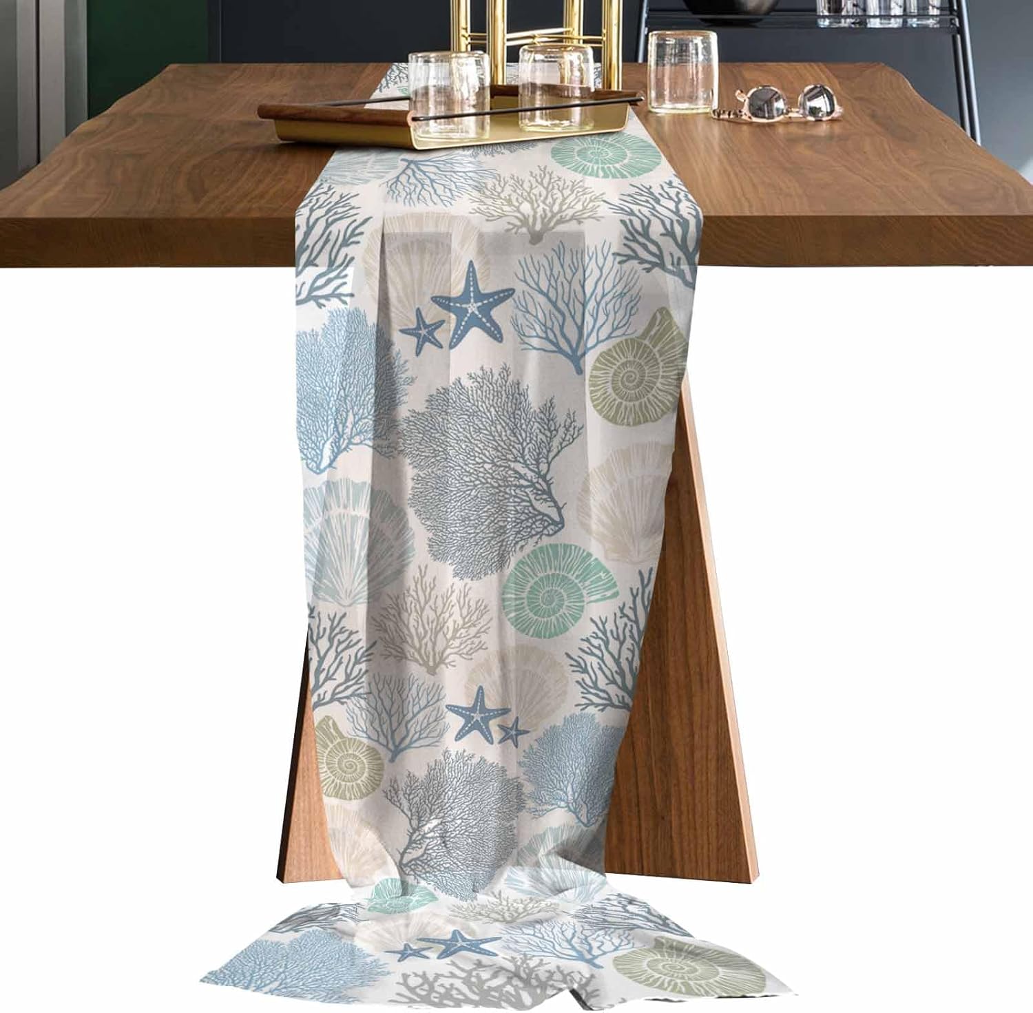 Coastal Chiffon Table Runner, Blue Teal Coral Small Sheer Wedding Table Runner, Summer Beach Starfish Nautical Seaside Farmhouse Dress Scarves Gauze Table Runner Kitchen Island/Party Décor 19"x55"