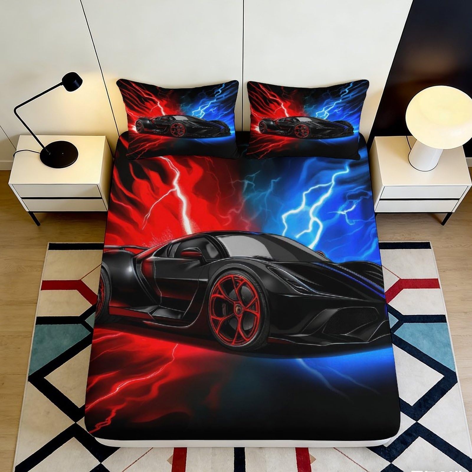 3D Printed Sports Car Fitted Sheet Microfiber Deep Pocket Bedroom Bedding Lightning Car Mattress Fitted Cover Elastic Hem for Adults 200x200x25cm