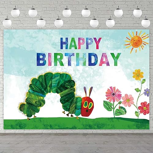 Cartel de dibujos animados muy hambriento con diseño de oruga verde feliz cumpleaños para fiestas de cumpleaños para el primer cumpleaños baby