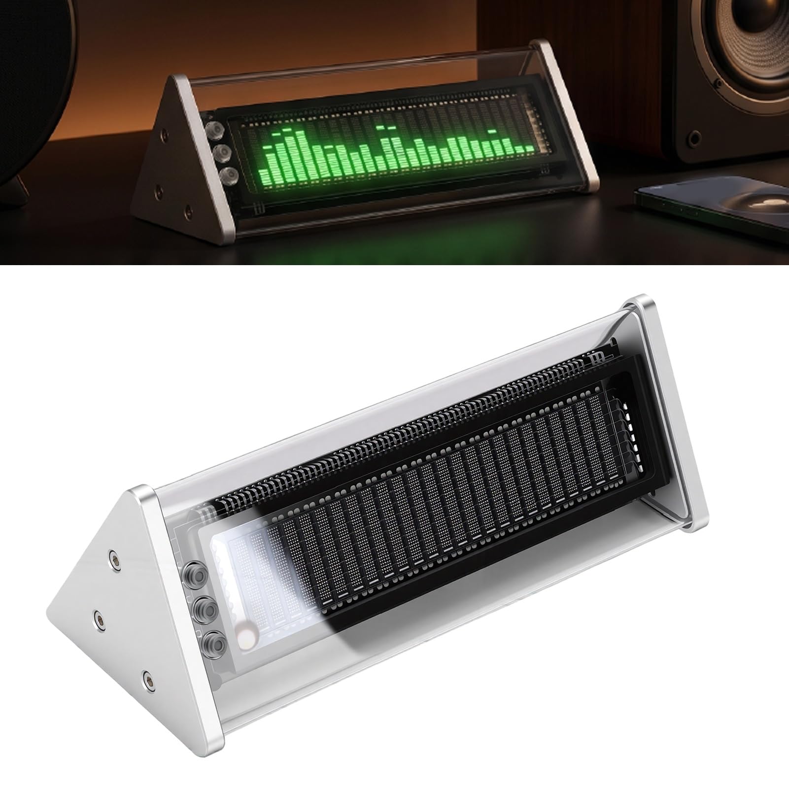 AMONIDA Retro Audio Spektrumanalysator für Heimaudio Enthusiasten und Studio Setups BT 5.0 Empfänger mit 2-Wege Aux Wähler Grünes Vfd Display 25x15 Frequenzbereich 80hz-16khz