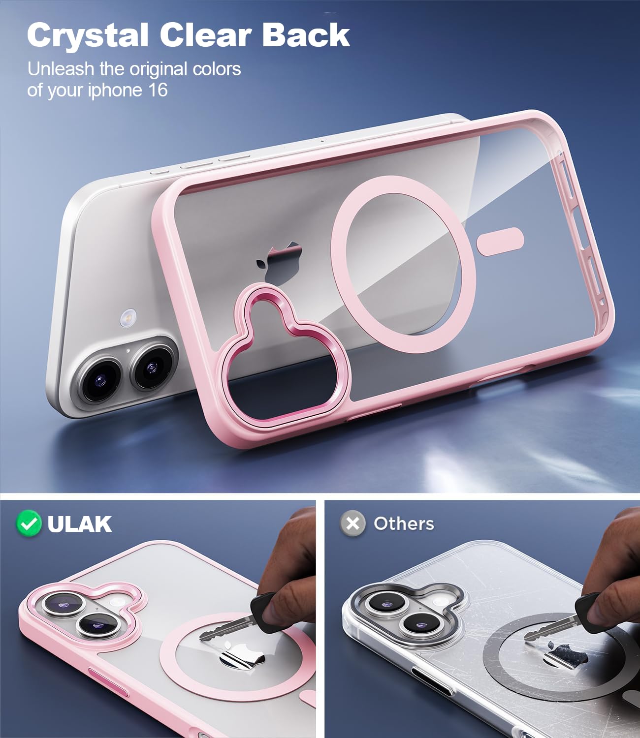 Coque IPhone 16 ULAK Magnétique Transparente Anti-jaunissement - TPU Anti-chocs (Rose)