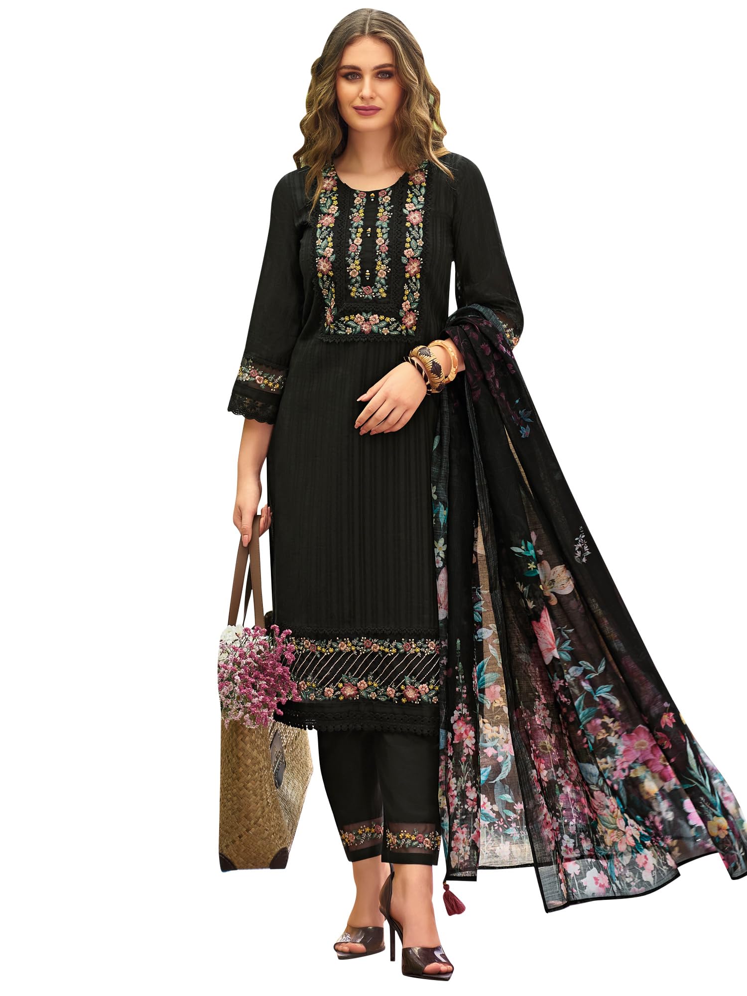 Women's Straight Linen Floral Embroidered Kurta Pant with Dupatta Set (IEOUT9910)-image-43