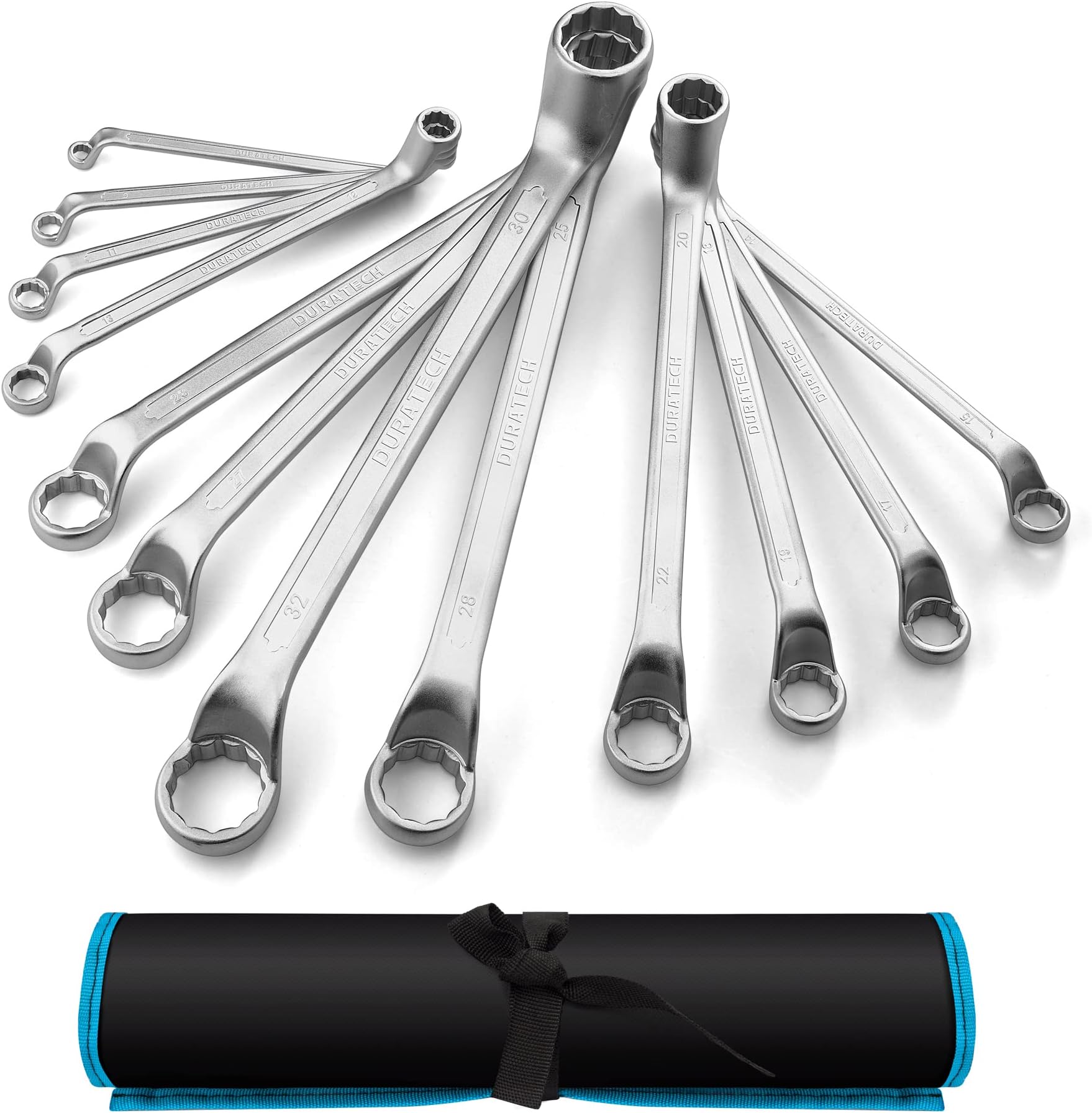 12-Piece Offset Double Ring Spanner Set 6-32 mm, Metric Box End Wrench Set, Chrome Vanadium Steel, Matte Chrome-Plated, DIN 838, 75-Degree Offset, 12-Point, with Carry Pouch