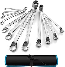 DURATECH Doppelringschlüssel-Satz, Gekröpfter Schraubenschlüssel Set, um 75 Grad abgewinkelt, DIN 838, Chrom-Vanadium-Stahl, Matt verchromt, 12-teilig, SW 6-32mm, mit Rolltasche