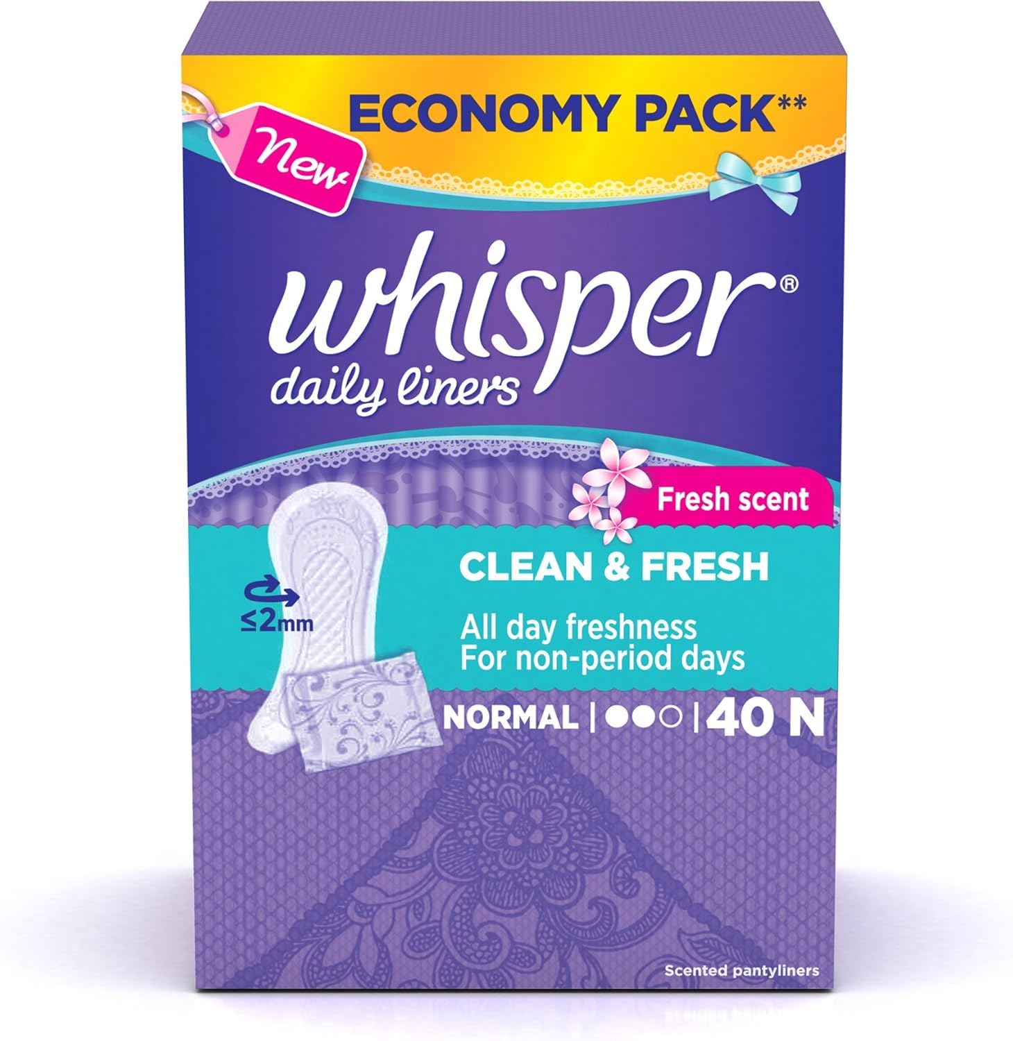 Whisper Clean and Fresh Daily Liners, 40 panty liners for women (Pack of 1)