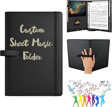 Custom Sheet Music Folder, Premium PU Music Binder with Non-Reflective Surface & 3-Ring Loose-Leaf, Adjustable Hand Strap Choir Folder Binder for Music Lovers, Students & Performers Black