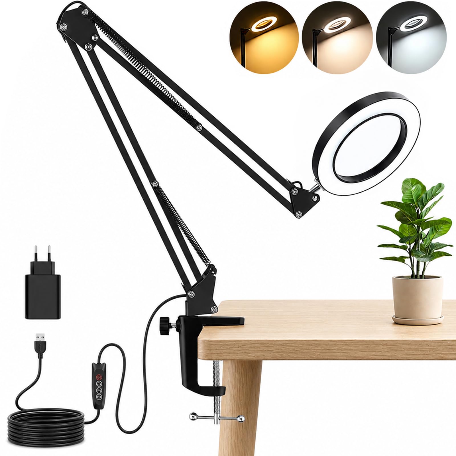 Lampada con lente di ingrandimento a LED con morsetto, ingrandimento fino a 15 volte a seconda della distanza, lampada dimmerabile con 3 modalità di colore, lente d'ingrandimento da tavolo con luce