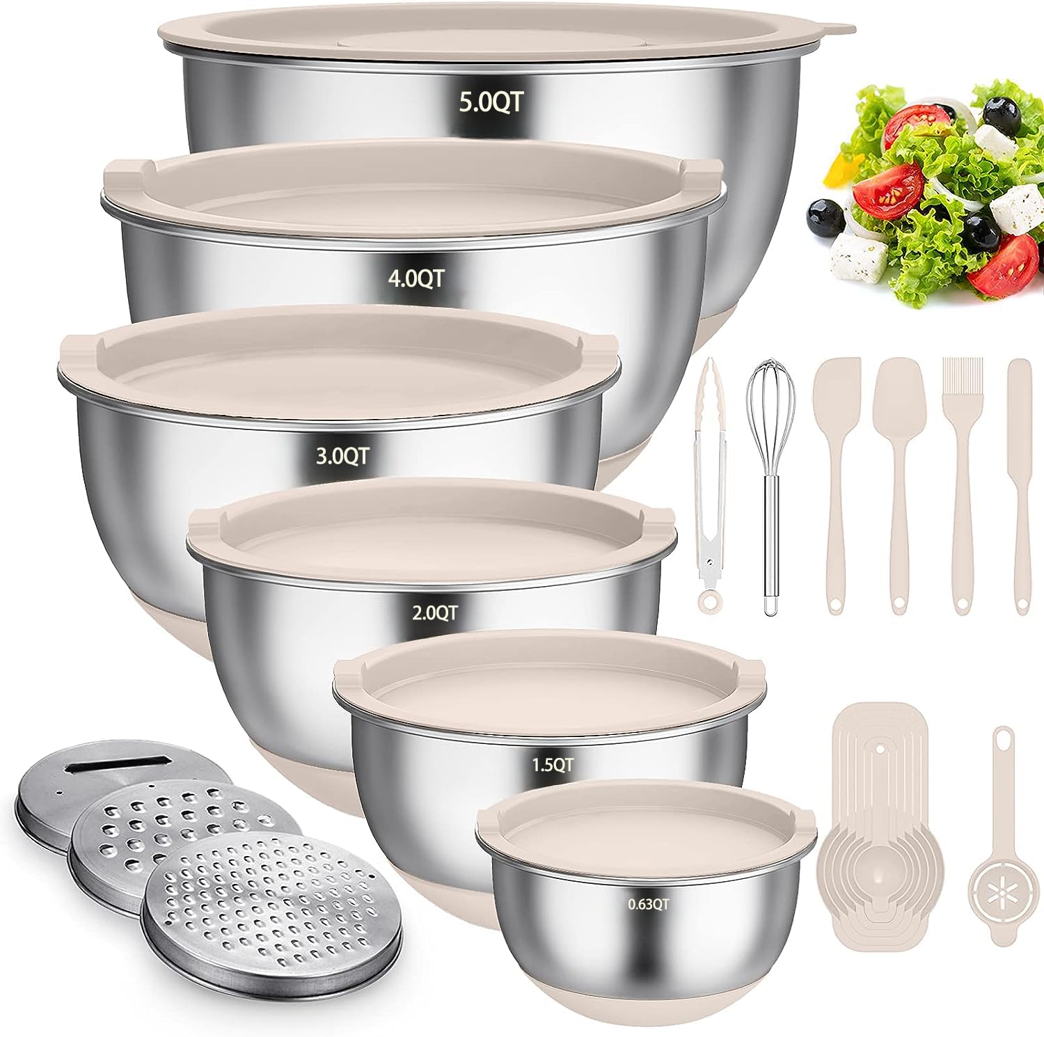 Terlulu Rührschüssel 6er Set, Edelstahl Schüssel Salatschüssel Set mit Deckel & Silikonboden, 3 Reibenaufsätzen, Messmarkierungen & Stapelbares Design, 4.7l/3.8l/2.8l/1.9l/1.4l/0.6l - Khaki