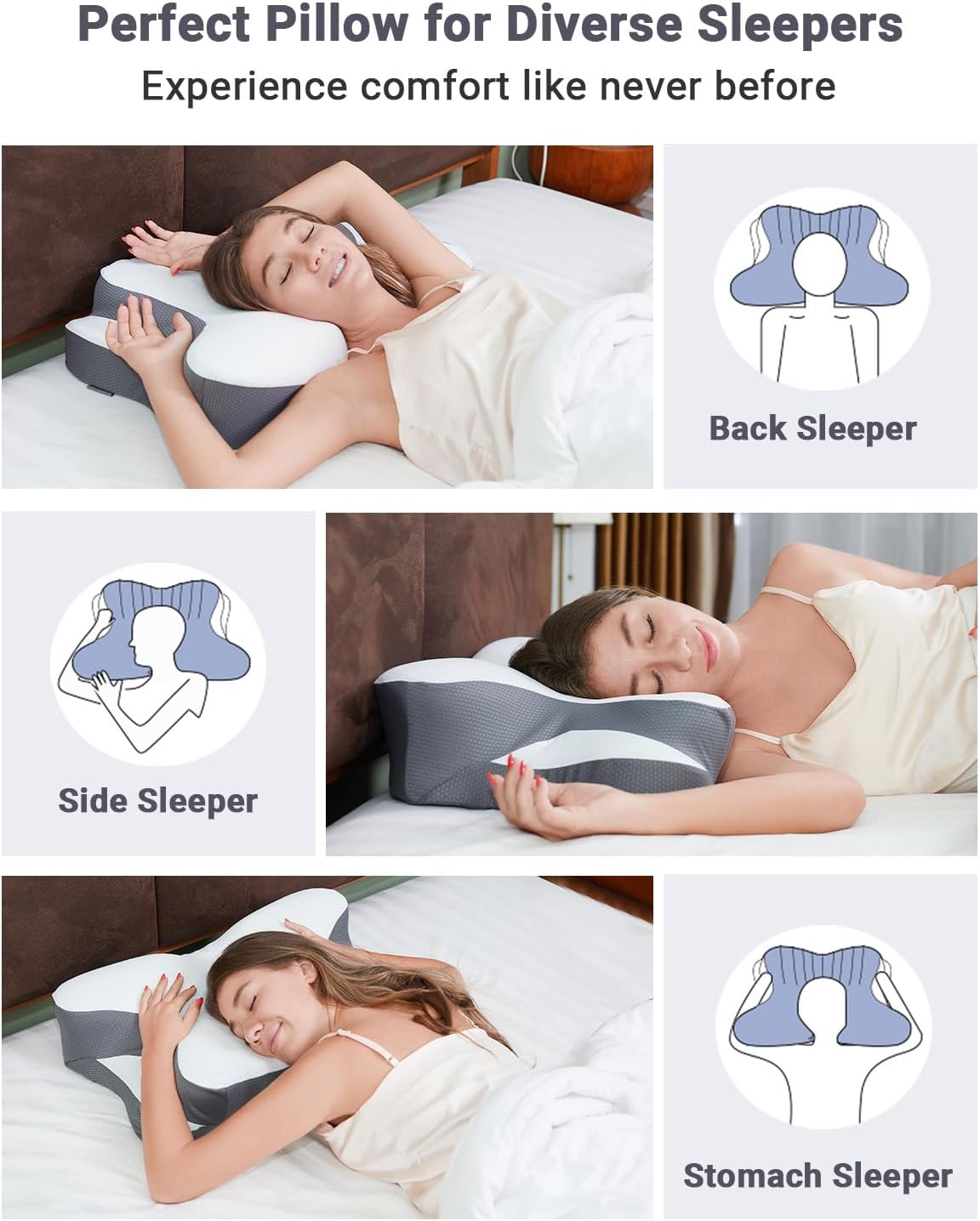 Cervical Pillow for Neck and Shoulder, Ergonomic Contour Pillow with Cooling Pillow Covers & Support Sticks, Memory Foam Pillows for Side, Back and Stomach Sleepers