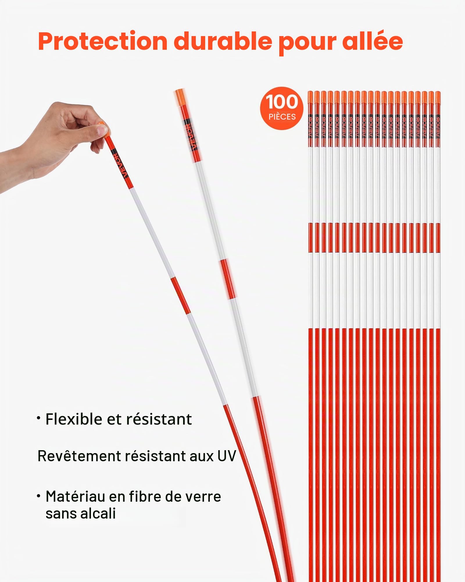 VEVOR Marqueurs d'Allée Lot de 100 Piquets à Neige 10x1829 mm Fibre de Verre Réflecteurs Grande Visibilité Bande Réfléchissante, avec Foret en Acier 30 cm, Gants de Protection, pour Parkings, Allées