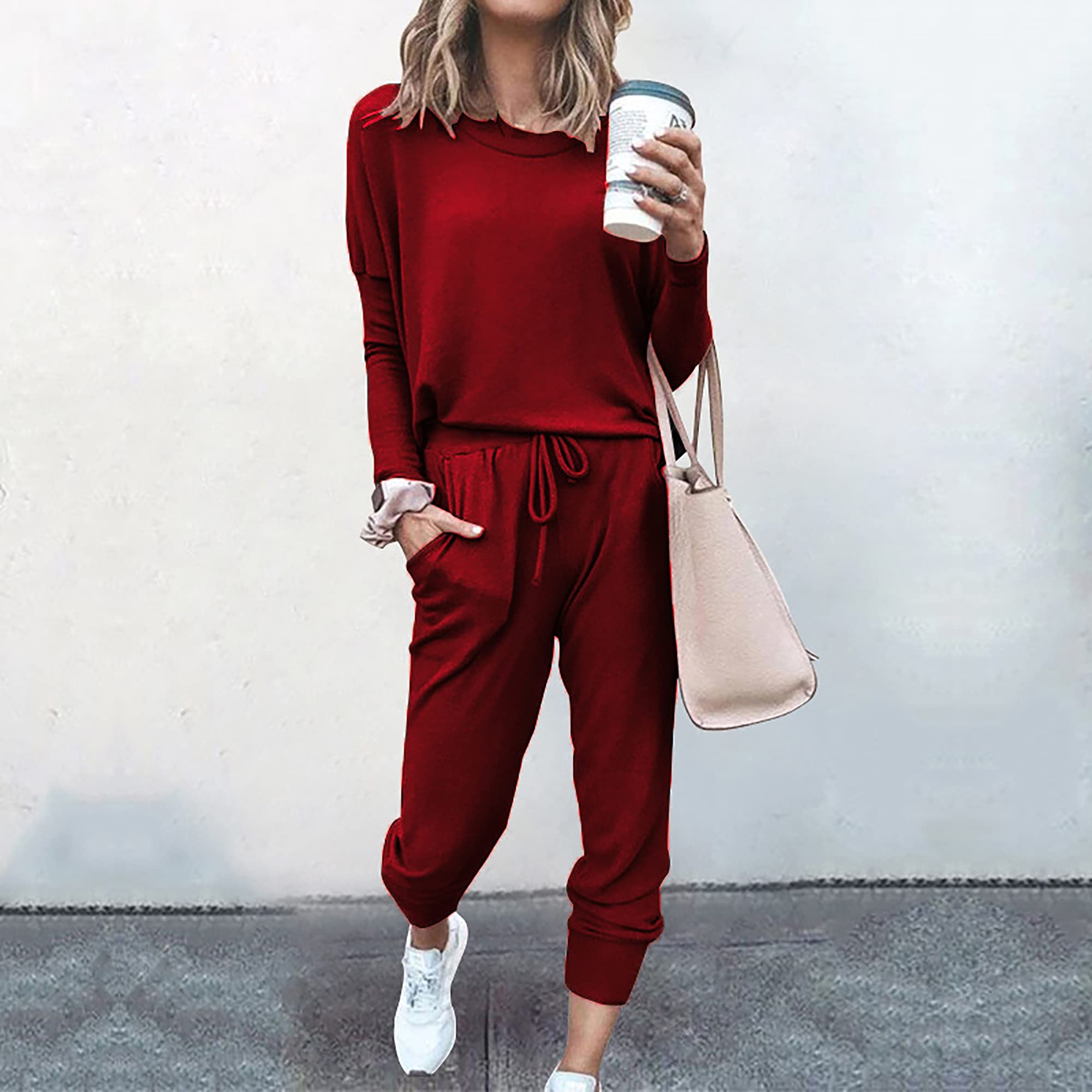 Survêtement Femme Ensemble de Sport 2 Pièce Sweatshirt + Pantalon avec Poches Casual Pyjama D'Intérieur Jogging Pullover Outwear Tenue Yoga Sportswear