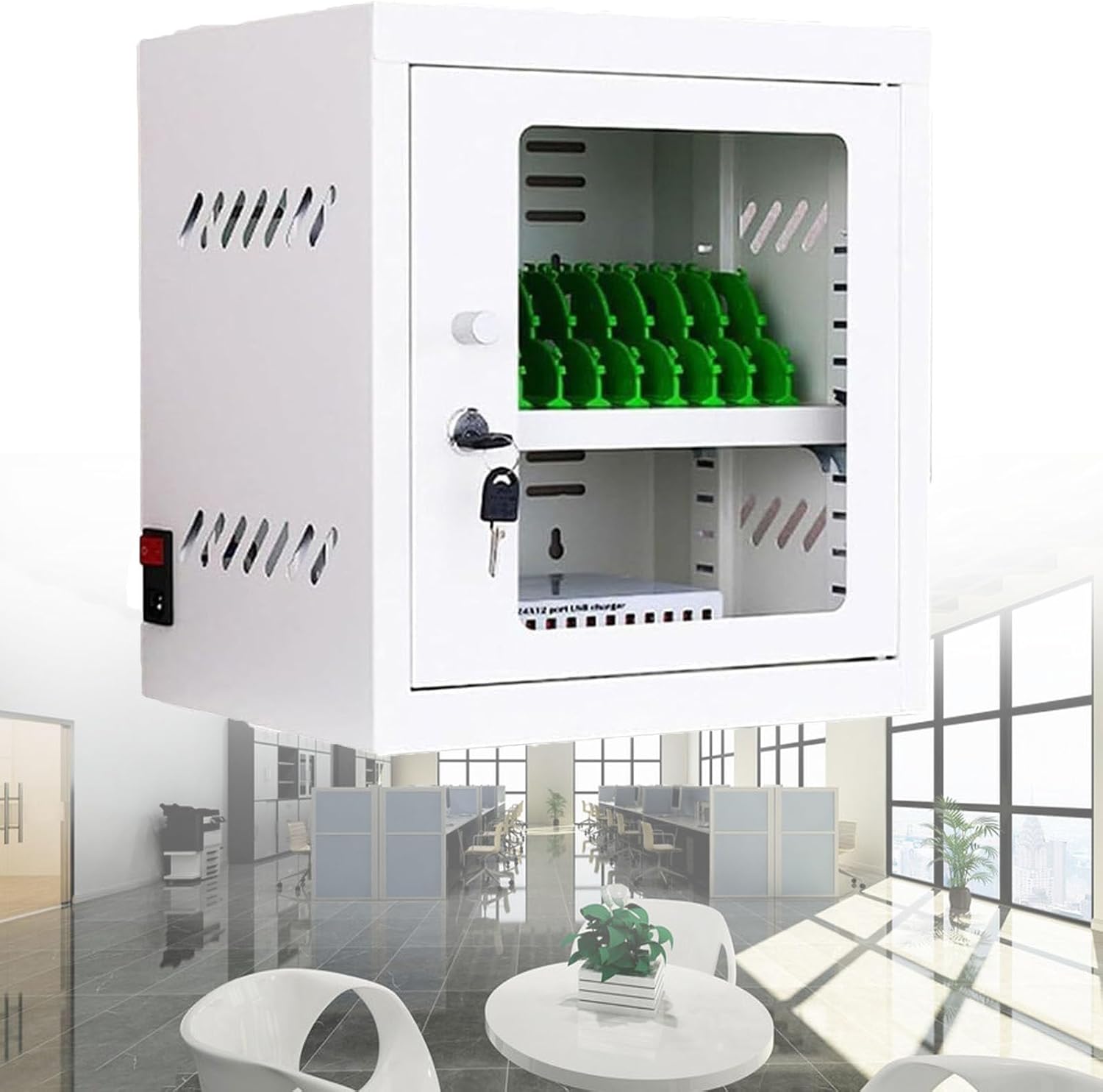 Cell Phone Locker Box for Classroom with Door Locks and Keys Clear Acrylic Jail Storage Cabinet，Portable Aluminum Alloy Cell Phone Charging Station - Rechargeable Mobile Phone Cabinet with 1