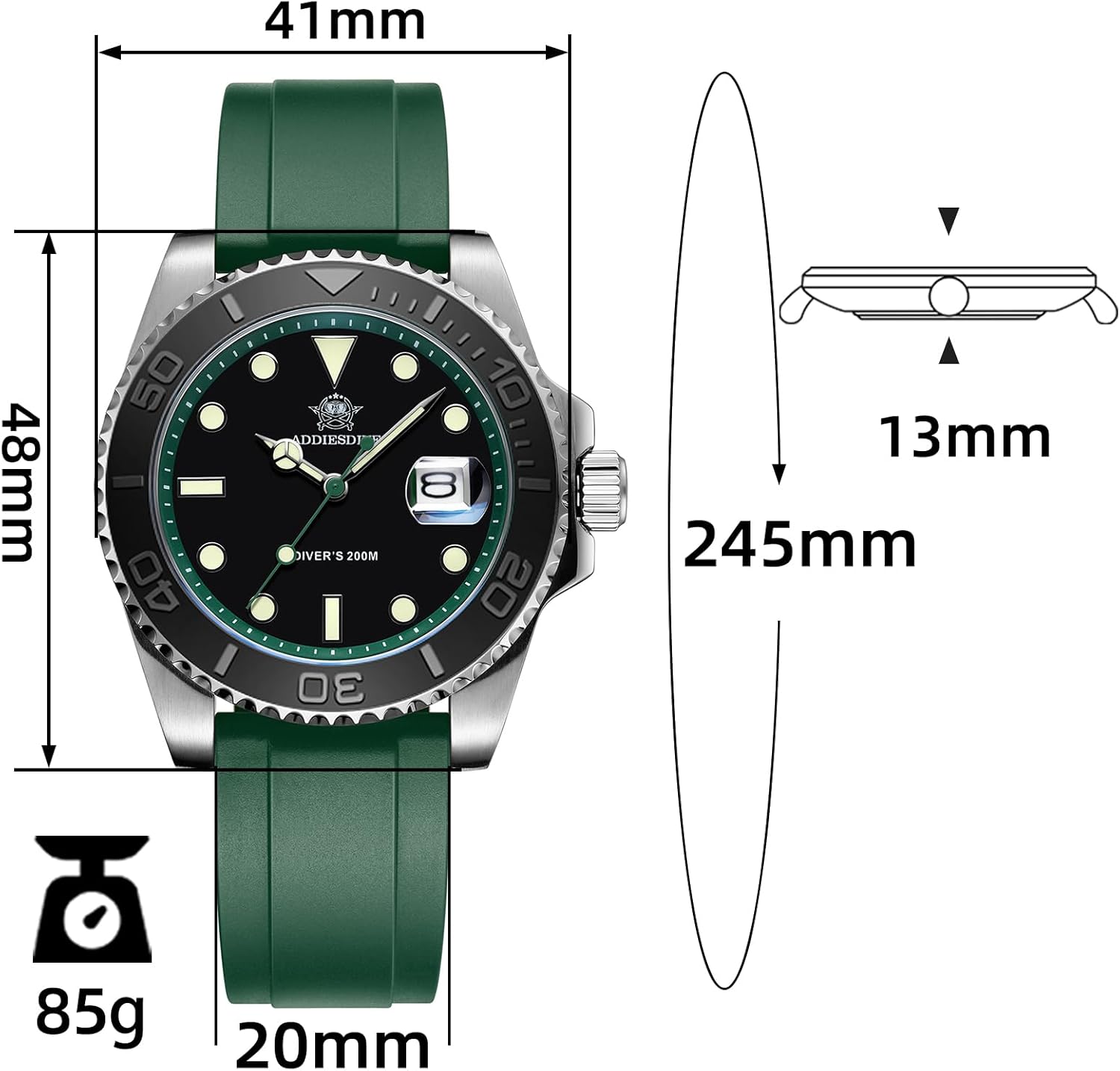 ADDIESDIVE Mens Dive Watch 41MM Analog Quartz 200M Waterproof Watches for Men with Rotatable Bezel BGM9 Luminous and Rubber Band AD2040