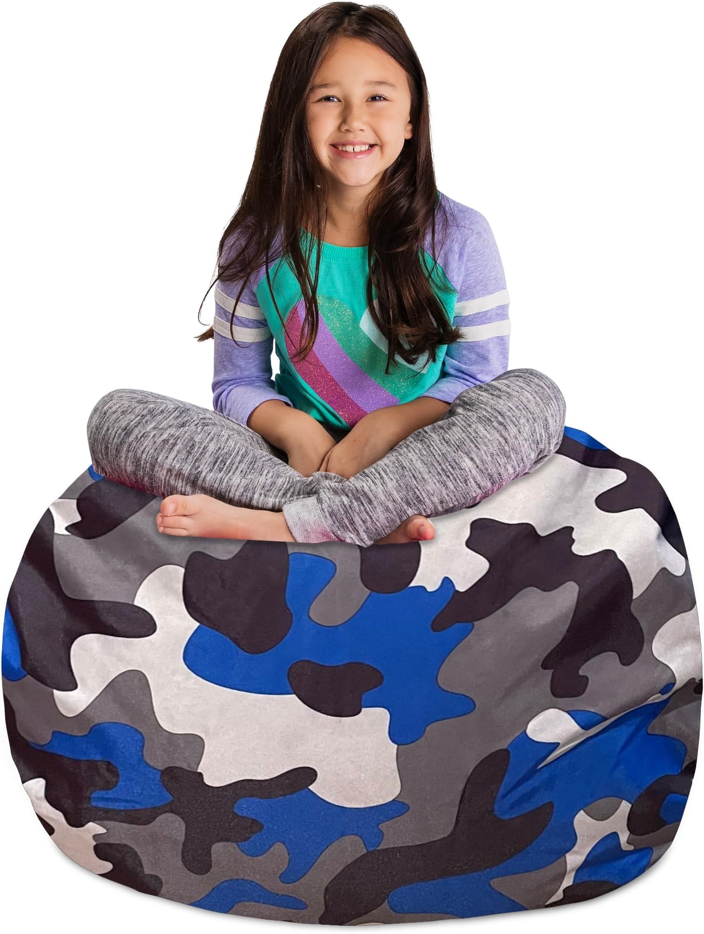Posh Creations Kids Stuffed Animal Storage Bean Bag Chair Cover - Childrens Toy Organizer, Large-38in, Nylon Camo Blue and Brown