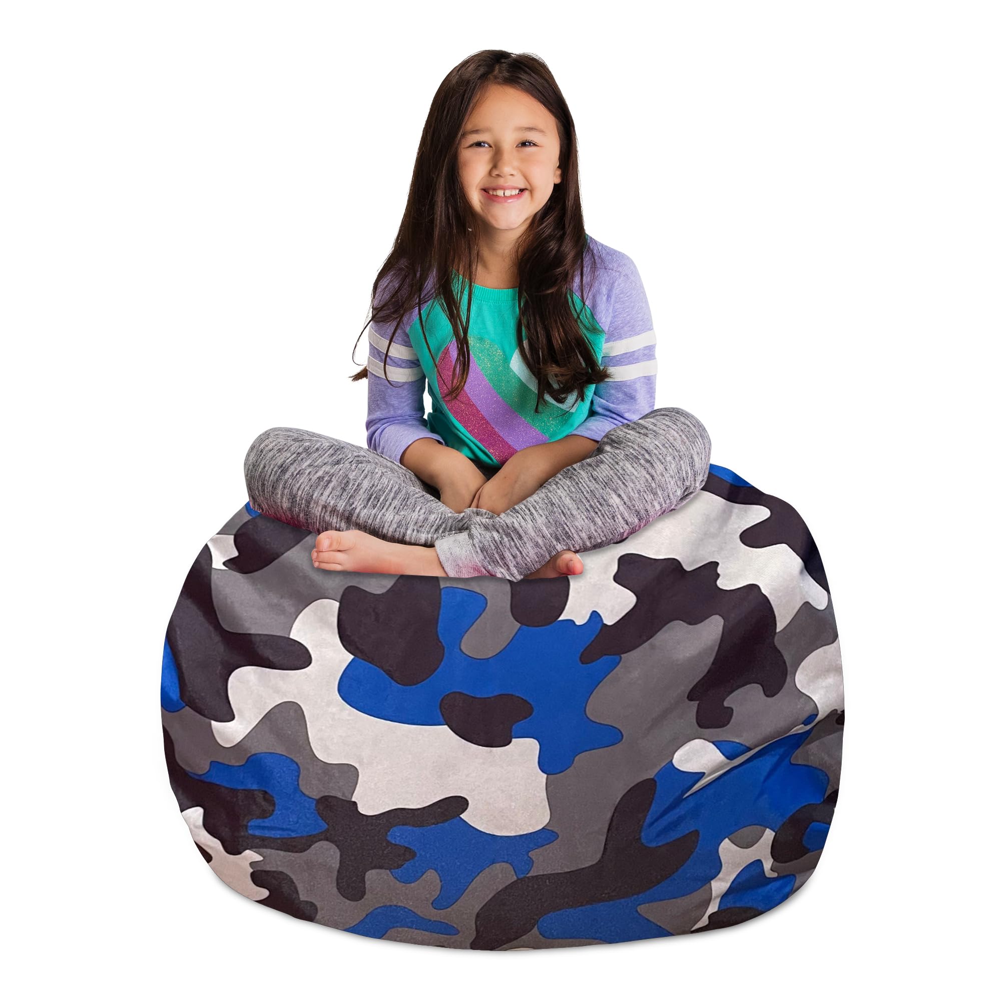 Posh Creations Kids Stuffed Animal Storage Bean Bag Chair Cover - Childrens Toy Organizer, Large-38in, Nylon Camo Blue and Brown