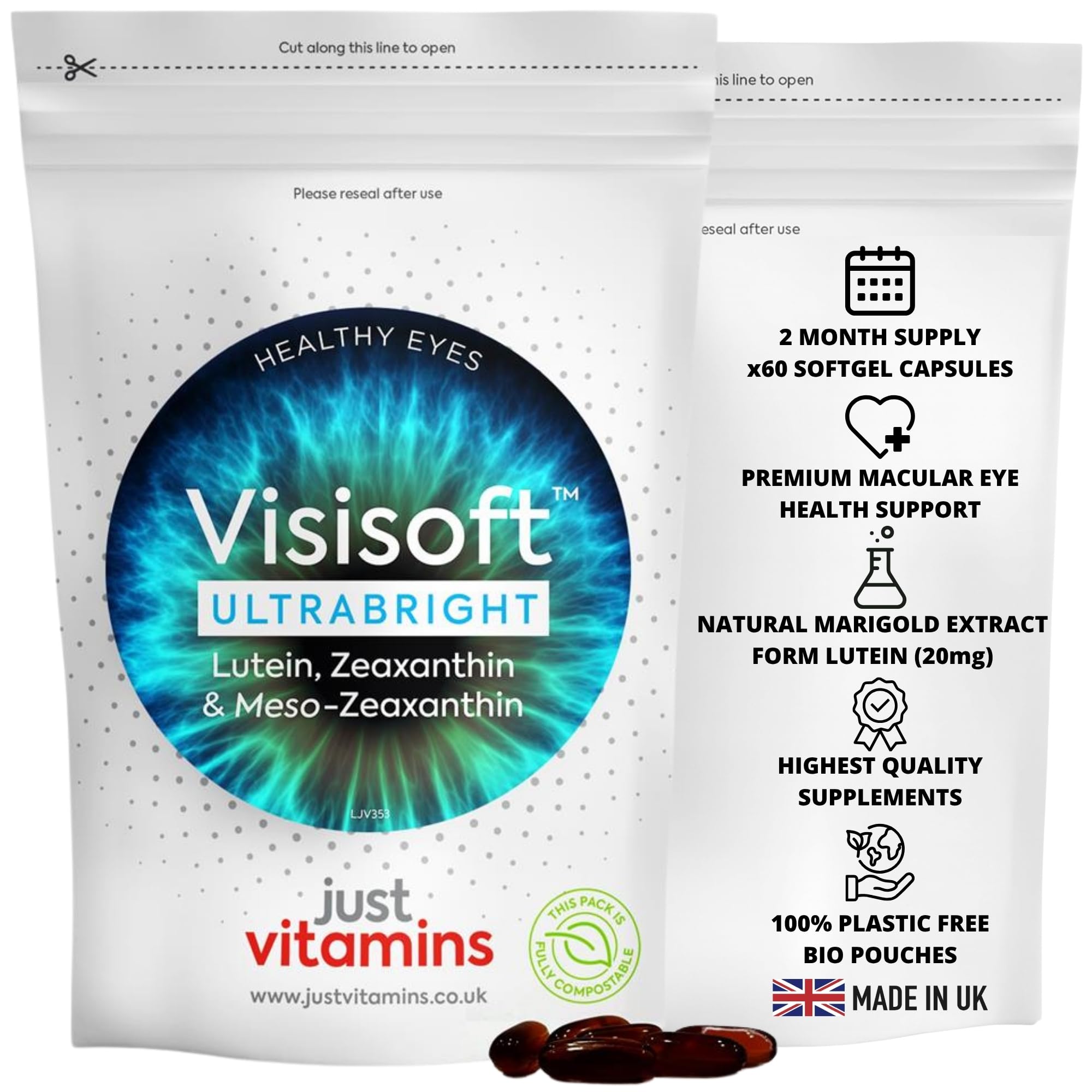 Visisoft™ Lutein 20mg with Zeaxanthin & Bilberry | 60 Softgel Capsules | | Eye Health & Vision Support | Added Vitamin A, Riboflavin & Zinc | UK Made - Just Vitamins