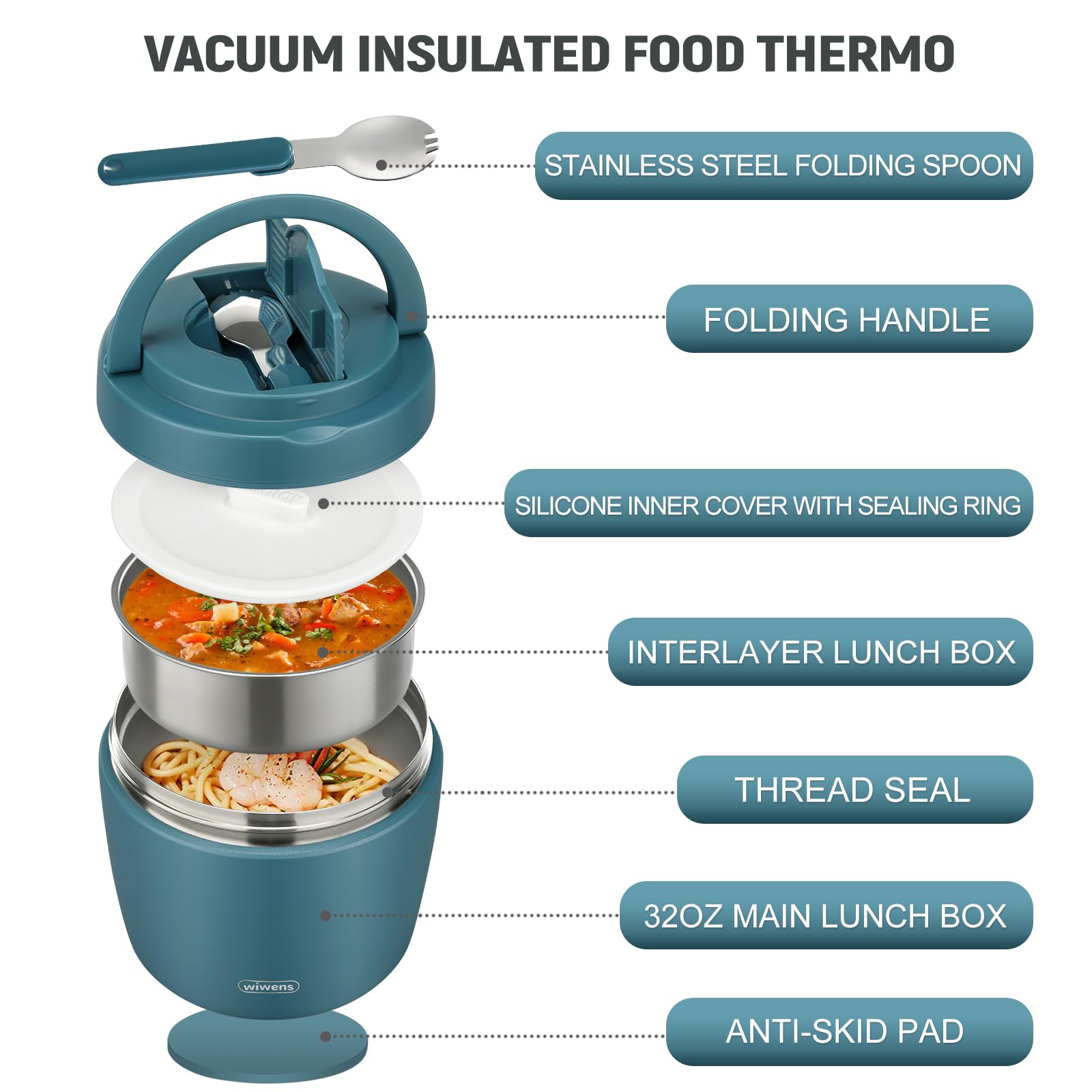 wiwens Tarro térmico para alimentos calientes para adultos, 32 onzas, sopa, termo, almuerzo, boca ancha, aislado al vacío, acero inoxidable, a prueba de fugas, caja bento con cuchara (azul lago)