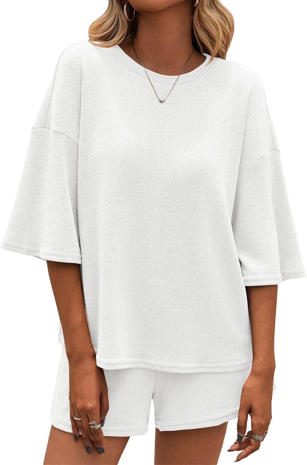 Tankaneo Womens 2 Piece Outfits Sweater Set Lounge Sets 3/4 Sleeve Oversized Tops and Elastic Waist Shorts Pajama Sets