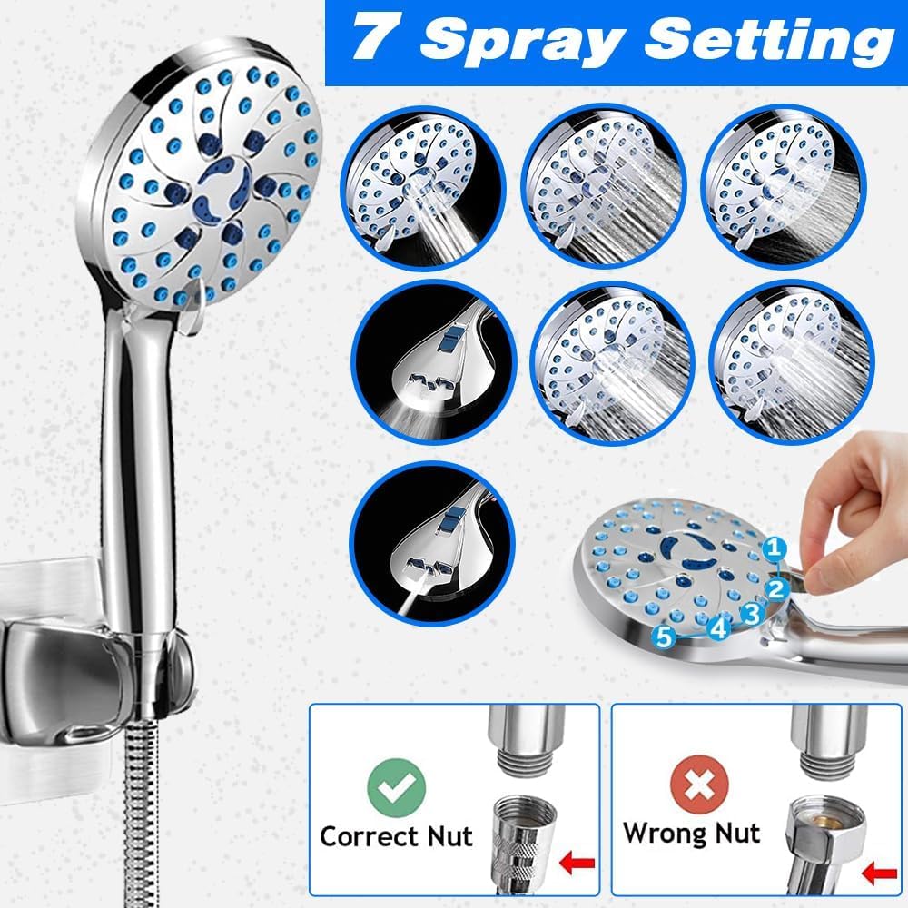 Soffione doccia filtrato ad alta pressione,Filtri per soffione a pioggia quadrata da 8 ″ per acqua dura,Doppio soffione doccia con tubo da 59 ″,7 modalità doccia portatile