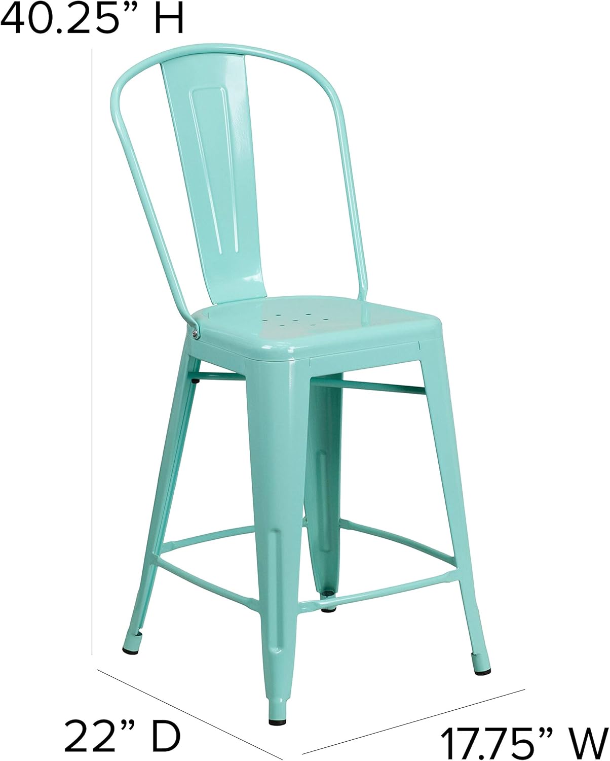 EMMA + OLIVER Nova Indoor/Outdoor Metal Stool - Distressed Mint Green Metal Frame - Mint Green Polystyrene Seat - 24 Inches High - Vertical Slat Back