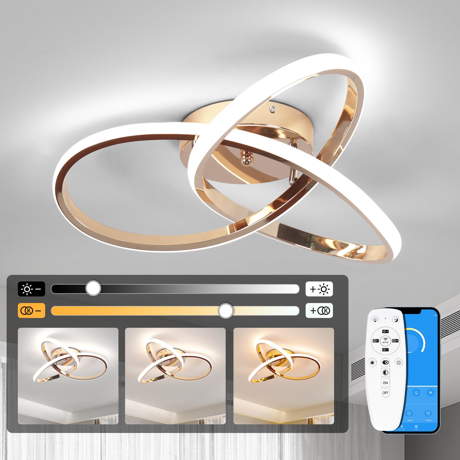 EIDISUNY Led Ceiling Light Dimmable, Modern Lamp with Remote Control, Minimalist Lights for Bedroom, Kitchen, Living Room, Office, Hallway - 42W, Rose Gold, 40cm, 3000K-6000K — image 1
