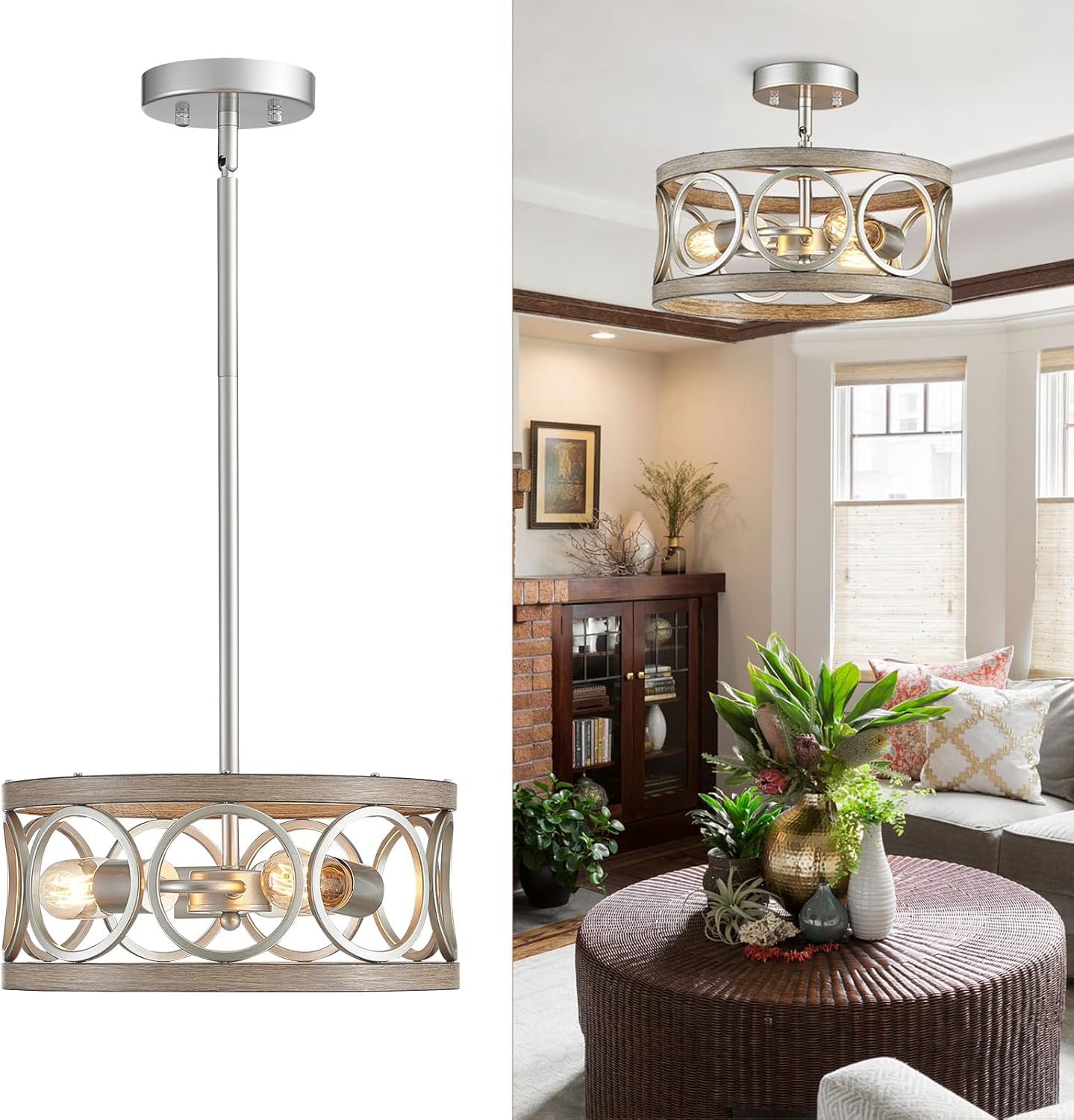 Modern Chandelier, 13'' Farmhouse Pendant Light Dining Room Light Fixtures, Ceiling Light for Bedroom Living Room Kitchen, 3-Light Nickel and Wood Grain Metal Hanging Lamp