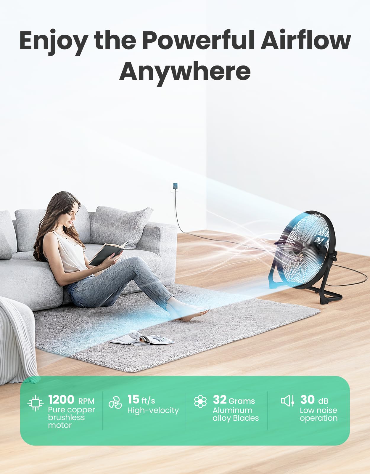 Ventilatore da pavimento portatile da 45,7 cm, a batteria, ricaricabile ad alta velocità, ricarica USB per telefono, durata 12-60 ore, silenzioso, wireless, flusso d'aria, per campeggio, casa