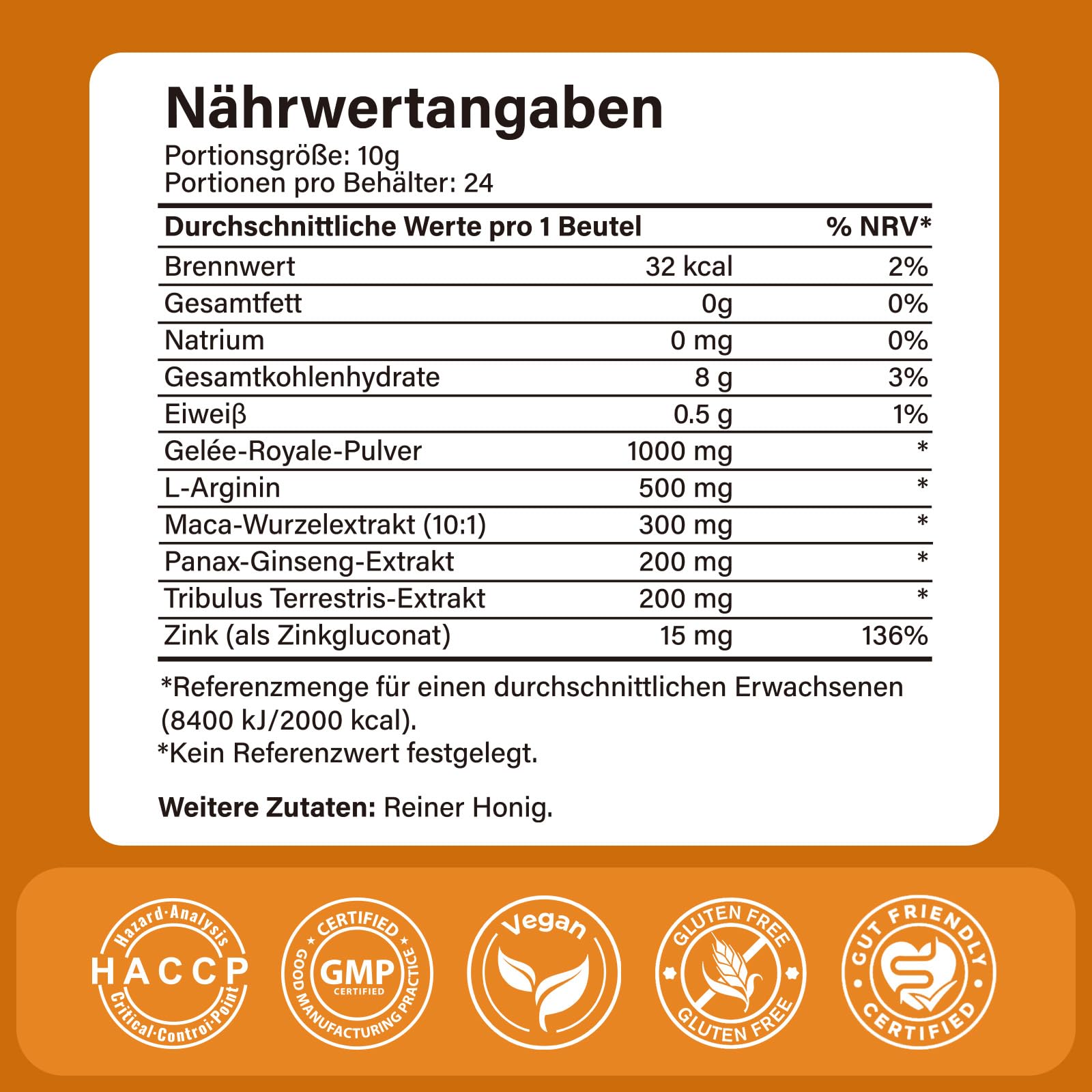 Männer Honig Sachets |Premium Kräuterhonig für aktive Männer | Natürlicher Honig mit Maca,Gelee Royale, Ginseng,L-Arginin & Zink - 24 x 10g Einzelpackungen - 240g