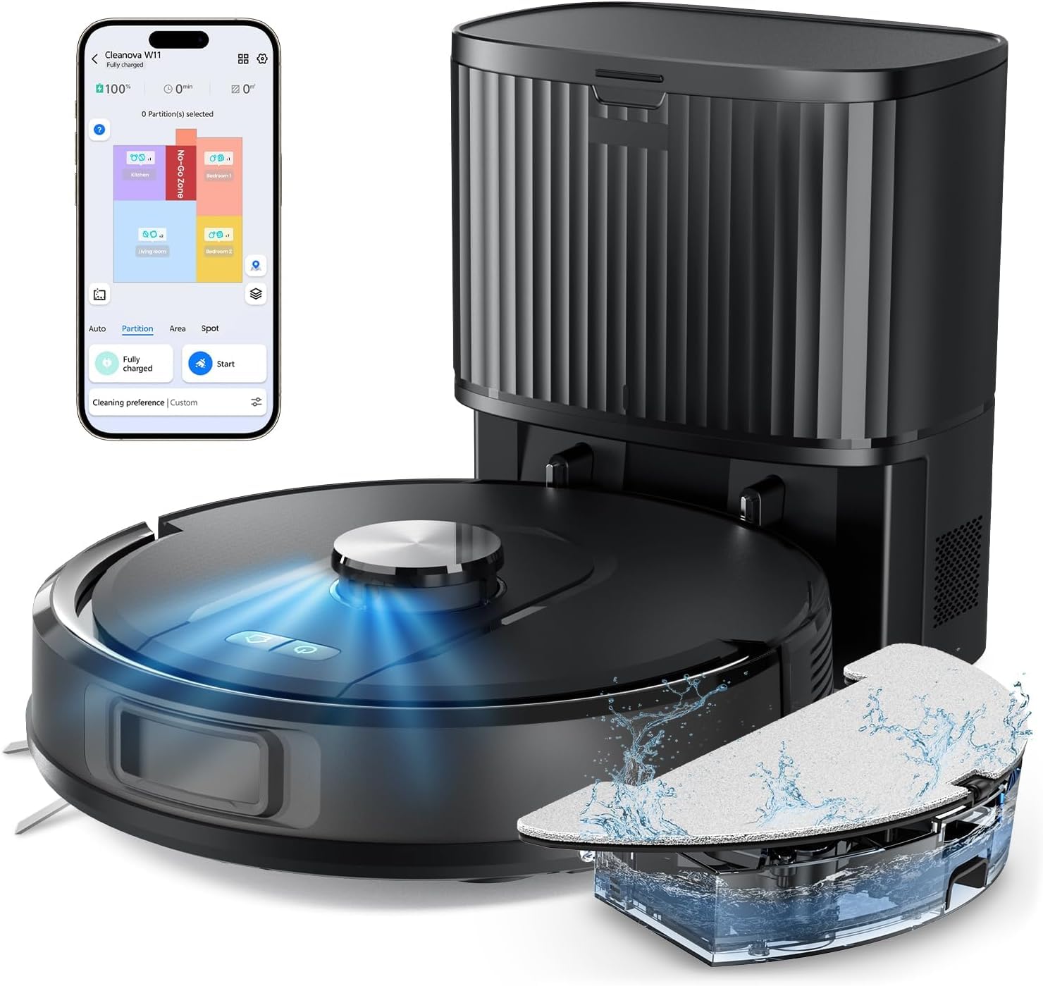 Vexilar W11 Robot Vacuum Cleaner and Floor Mop with Powerful Suction 6000Pa, Robot Vacuum Cleaner with Intelligent Laser Navigation System, Intelligent Mapping, Self-Empty Base, Black