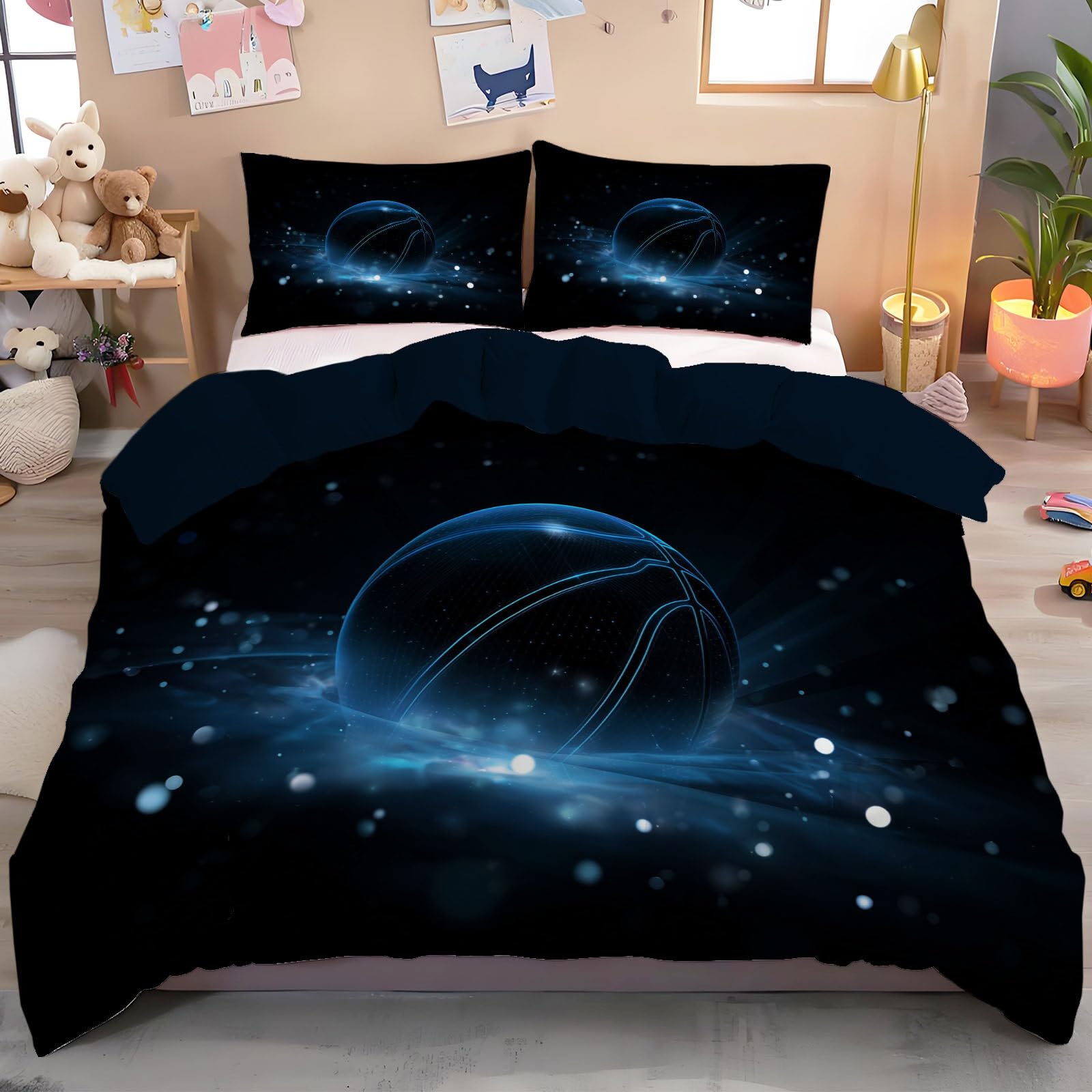 Ballon de basket parure de lit 140x200 bleu 3D housse de couette