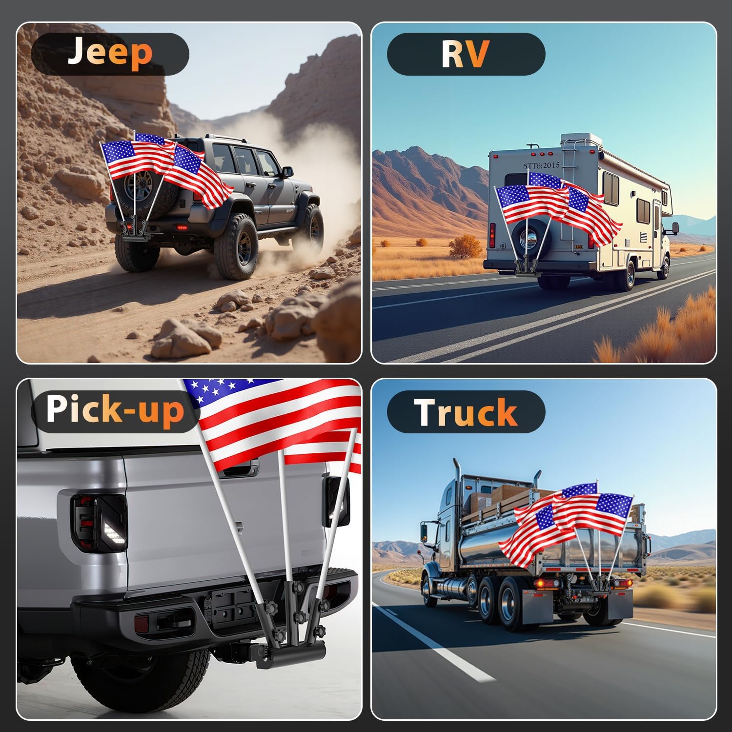 Hitch Flag Pole Holder, 90°Adjustable & Quick Detach, 3 Triple Truck Flag Pole Mount for Jeep, Truck, Trailer, RV, Camper- Fit Standard 2" Hitch Receiver, Heavy Duty, Powder-Coated Finish - Image 5