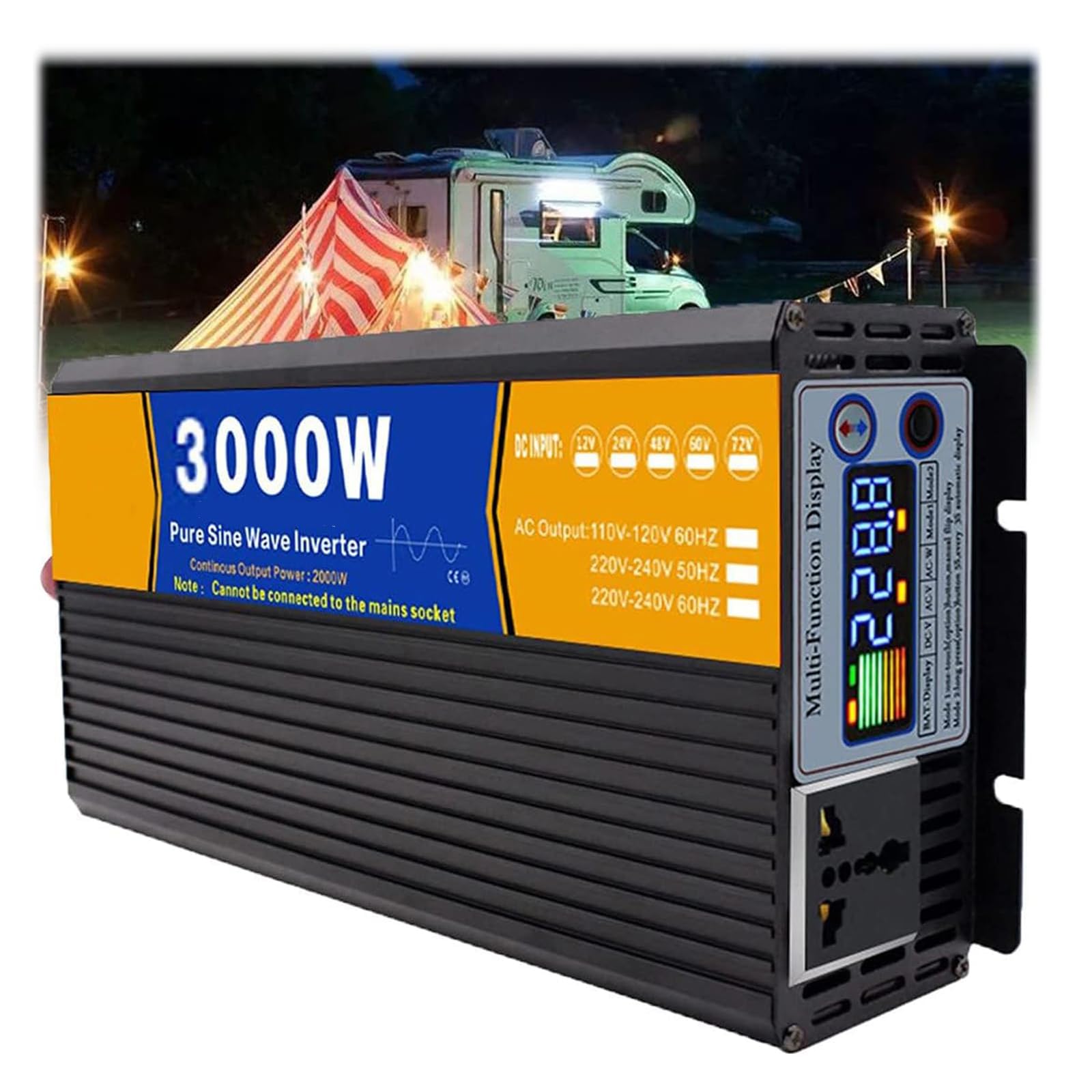 3000 Watt Reiner Sinus-Wechselrichter 12 V-72 V DC auf 110 V/120 V AC 50 Hz-60 Hz Konverter Auto-Wechselrichter mit 1 AC-Steckdose für Fahrzeug, Wohnmobil, LKW, Campingausflug,12V to 110V