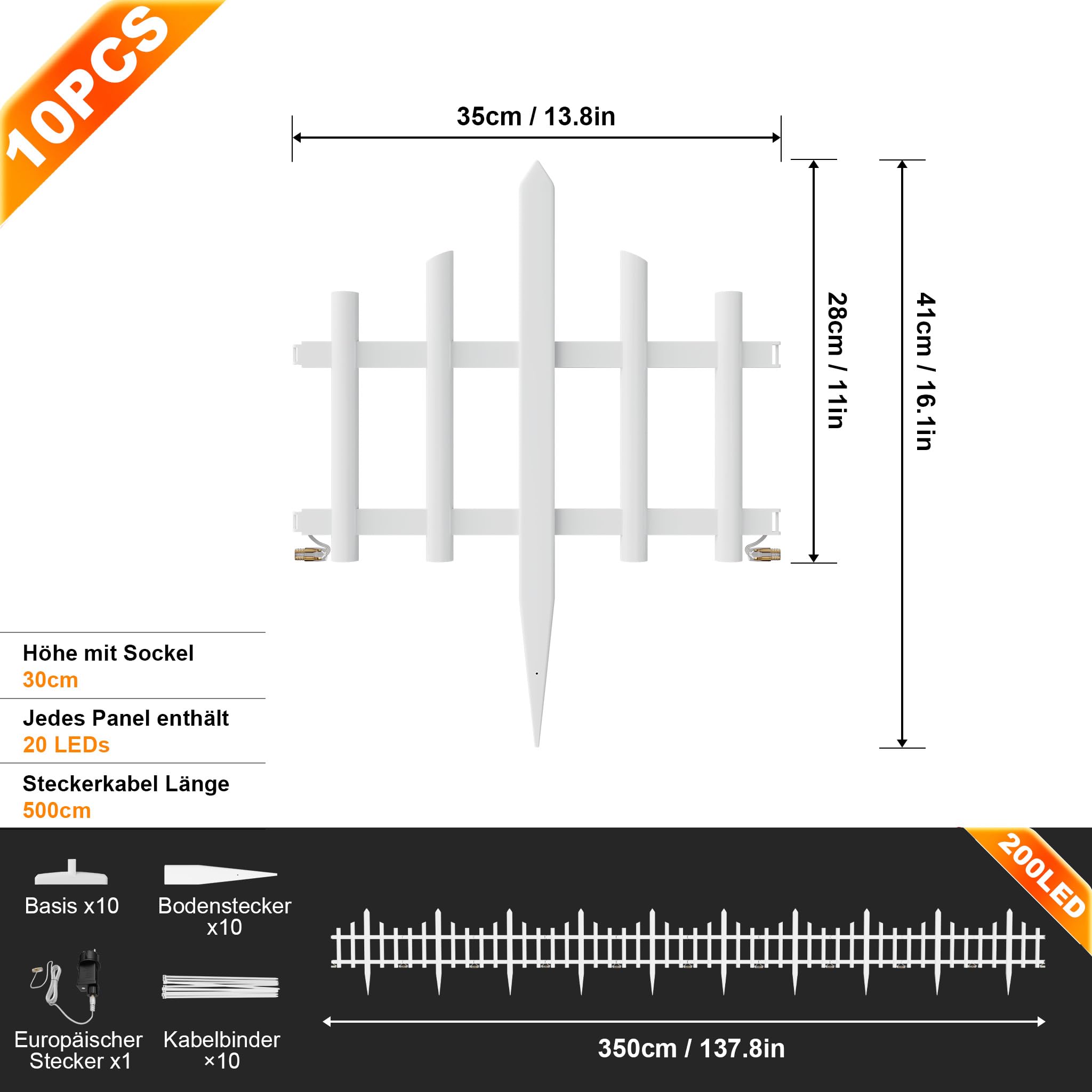 Froadp Podświetlane ogrodzenie ogrodowe z oświetleniem LED, na choinkę, 3,5 m, miniaturowe ogrodzenie, 10 sztuk, płot ogrodowy, płot ogrodowy, obrzeża, trawnik, dekoracja bożonarodzeniowa, dekoracyjne
