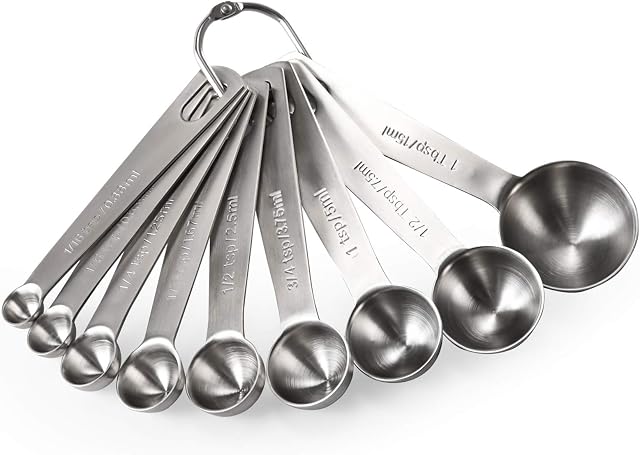 U-Taste 18/8 Stainless Steel Measuring Spoons Set of 9, (1/16 TSP, 1/8 TSP, 1/4 TSP, 1/3 TSP, 1/2 TSP, 3/4 TSP, 1 TSP, 1/2 tbsp & 1 tbsp) for Dry and Liquid Ingredients