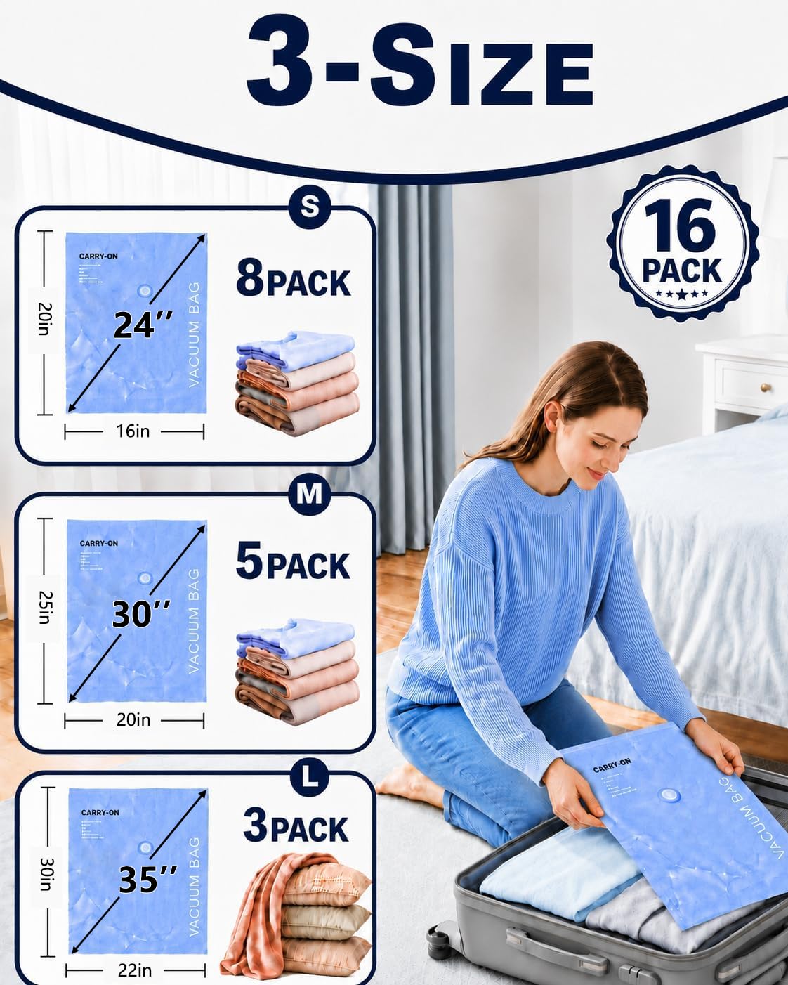 Sacchetti sottovuoto con pompa elettrica, 16 sacchetti salvaspazio per abbigliamento, viaggi, trapunte, coperte, biancheria da letto