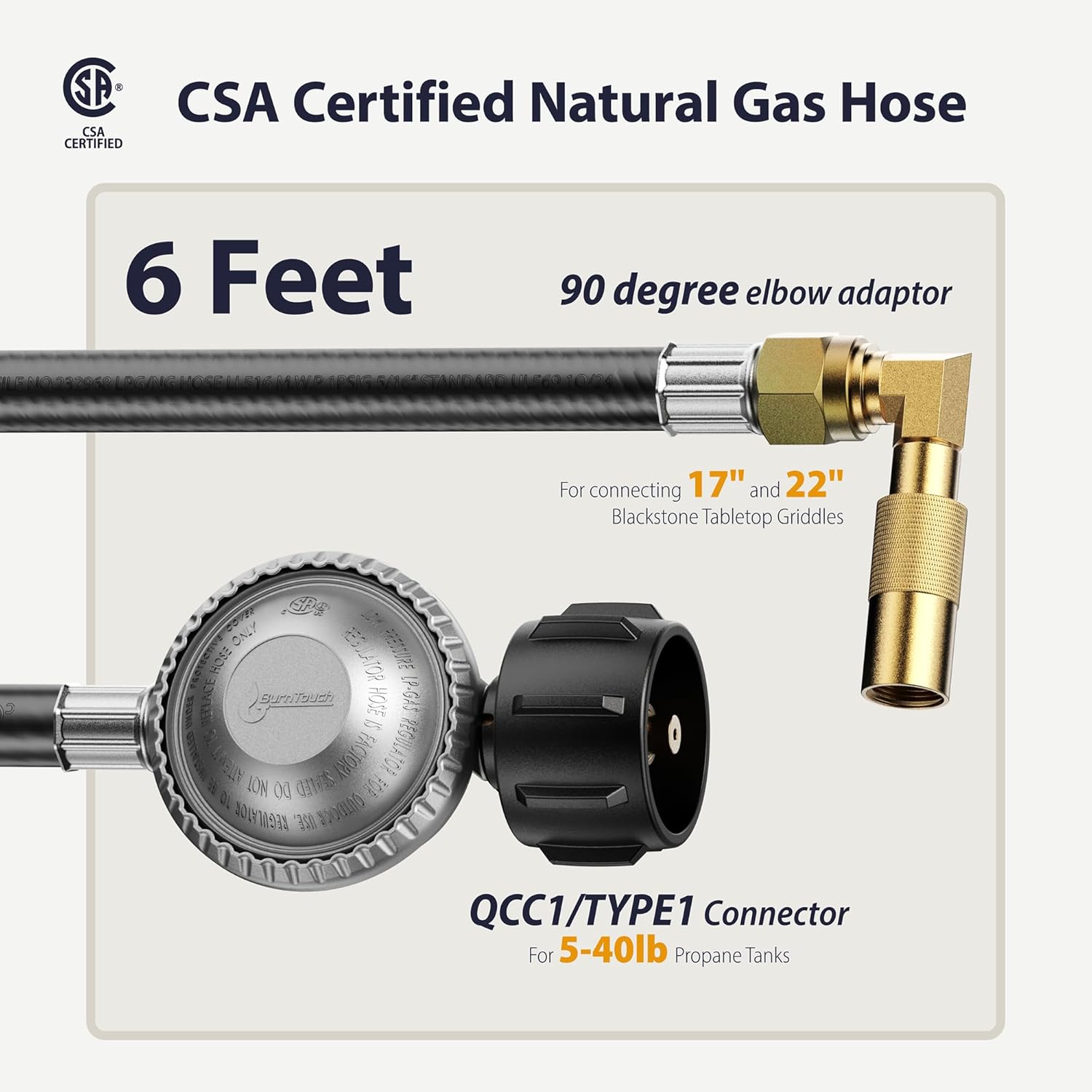 Propane Regulator Hose With Valve, 6FT with adaptor QCC-1 Quick Connect, 3/8" Female Flare, CSA Certified, Connect for Weber Charbroil Grill, Patio Heater, Fire Pit