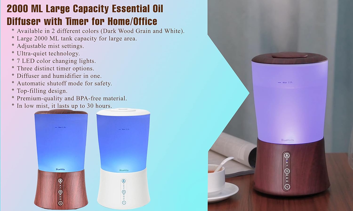 BlueHills Premium Large 2000 ML, 2000 ML, and 2500 ML XL Essential Oil Diffusers Humidifier Combo Set of 3 for Large Room Home with Décor LED Lights Great Gift – Dark Wood Grain Diffuser.
