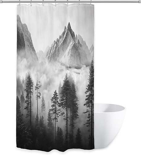Miniatura 6 de Riyidecor Cortina de ducha pequeña para caravana, 36 pulgadas de ancho x 72 pulgadas de alto, medio estrecho, niebla brumosa, paisaje, bosque,