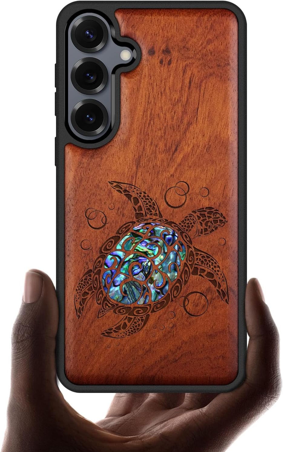 Carveit Magnetic Wooden Case for Galaxy S25+ / S25 Plus Case, Wood Artisan Engraved & Handmade Shell Inlaid, Compatible with MagSafe Wireless Chargers (Sea Turtle) Rosy