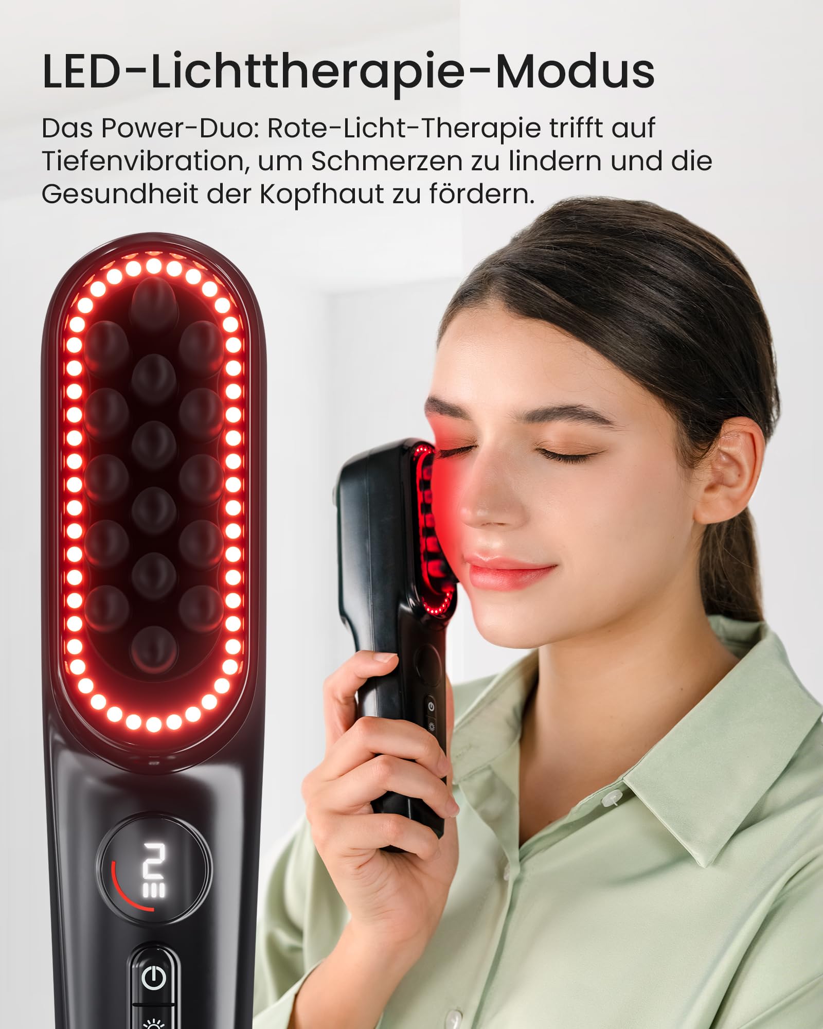 Kopfhautmassagegerät - 2400 U/min seitliche Vibration & Rotlichttherapie-Kopfmassagegerät zur Linderung von Kopfhaut/Gesicht/Nacken, 50 LED-Perlen, 5 Geschwindigkeitsstufen, tragbar mit Ladedock
