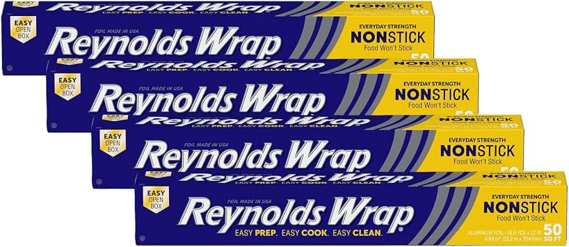 Reynolds Wrap Non-Stick Aluminum Foil, Heavy Duty Kitchen Foil for Easy Prep, Cooking, Baking and Cleanup, Food Storage and Grill Use, 50 Square Foot Pack of 4