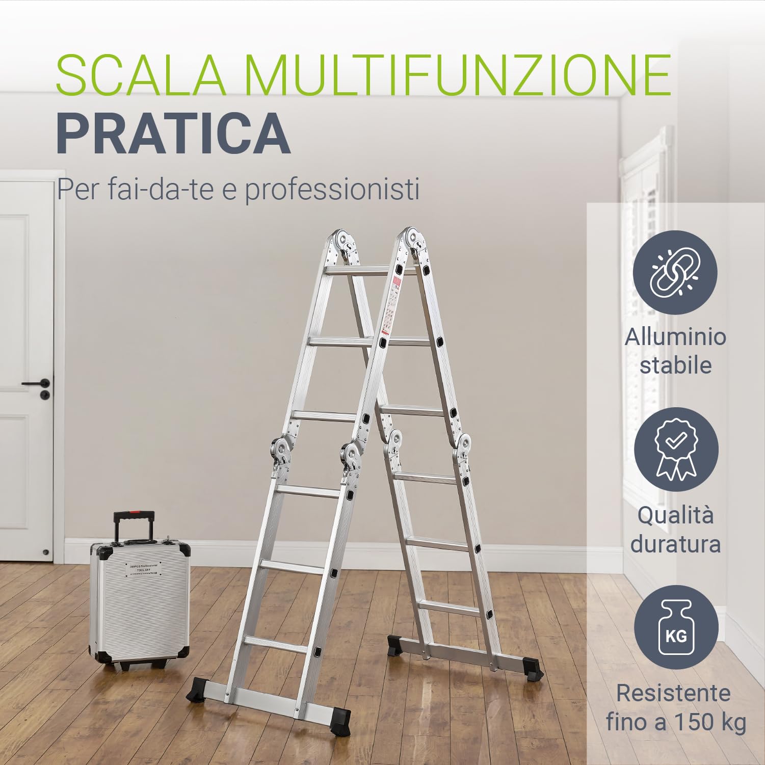 Scala multifunzionale pieghevole in alluminio Juskys 3x4 gradini, 3,6 m, portata fino a 150 kg – snodabile in 4 pezzi